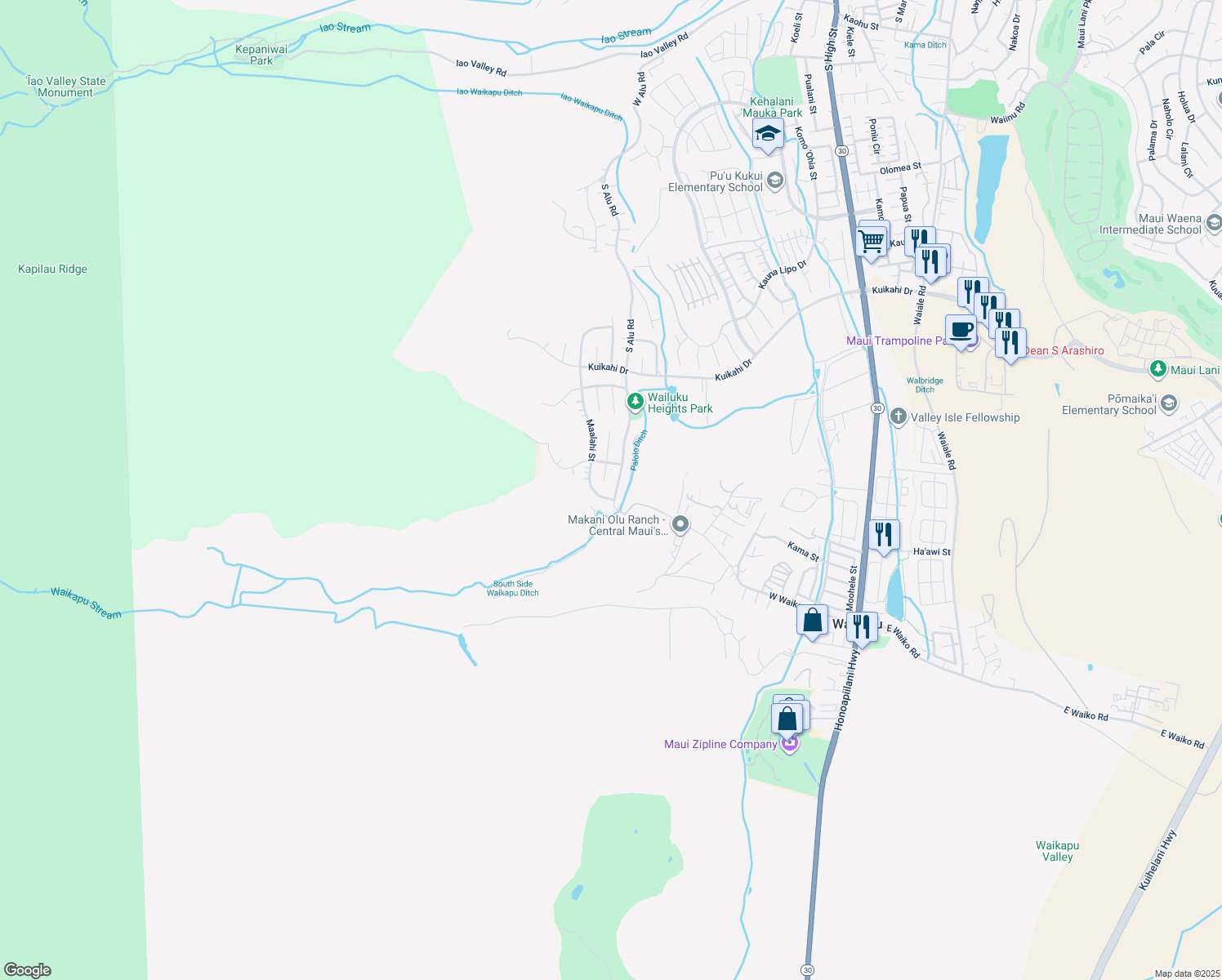 map of restaurants, bars, coffee shops, grocery stores, and more near 760 South Alu Road in Wailuku
