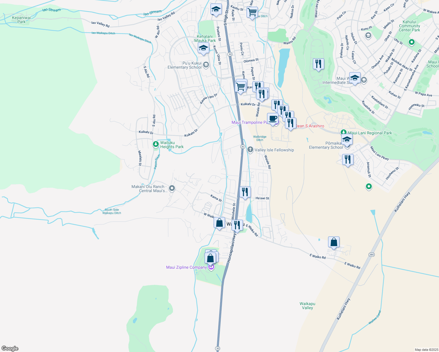 map of restaurants, bars, coffee shops, grocery stores, and more near 179 Mo'olu Circle in Wailuku
