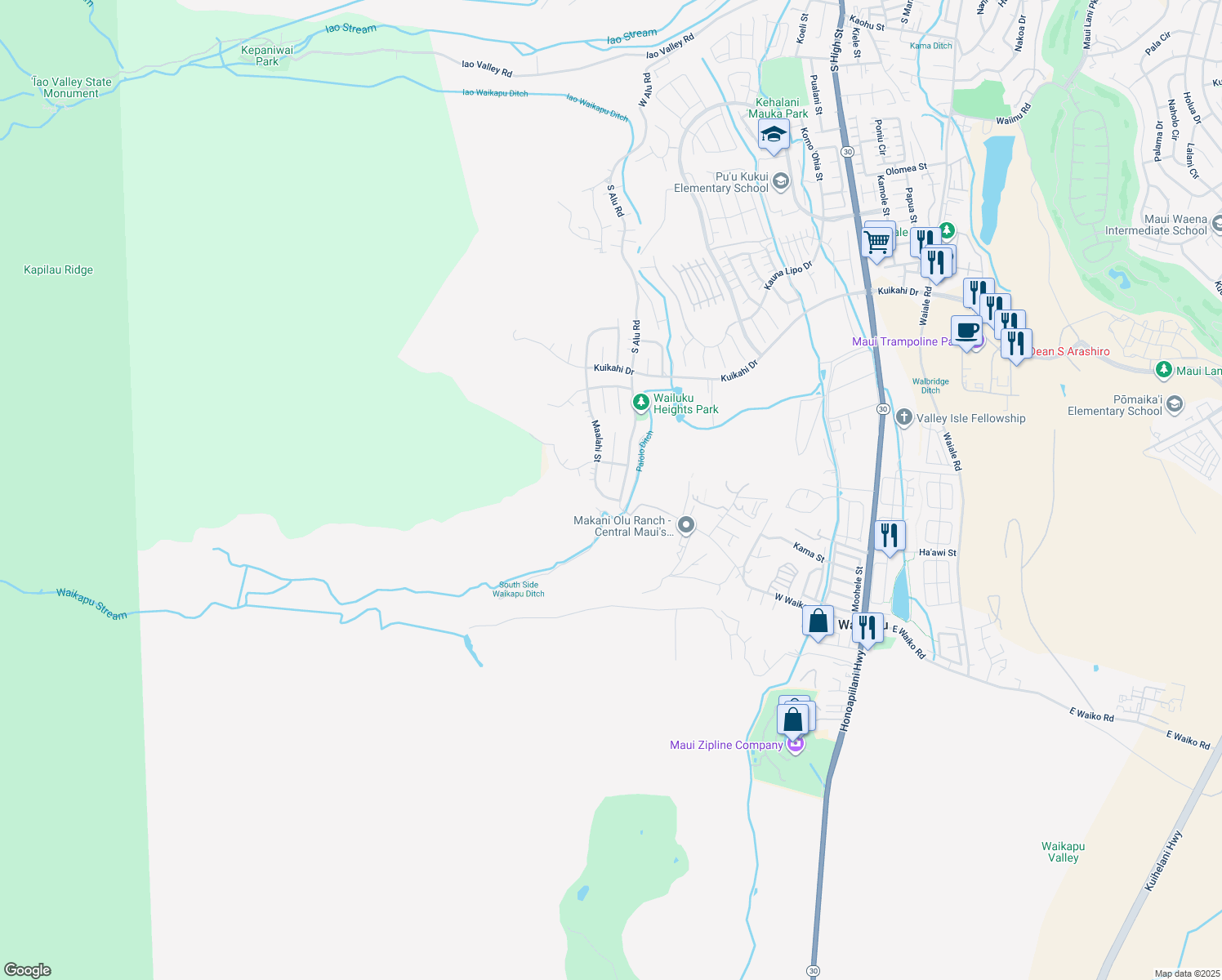 map of restaurants, bars, coffee shops, grocery stores, and more near 757 Kakalina Place in Wailuku
