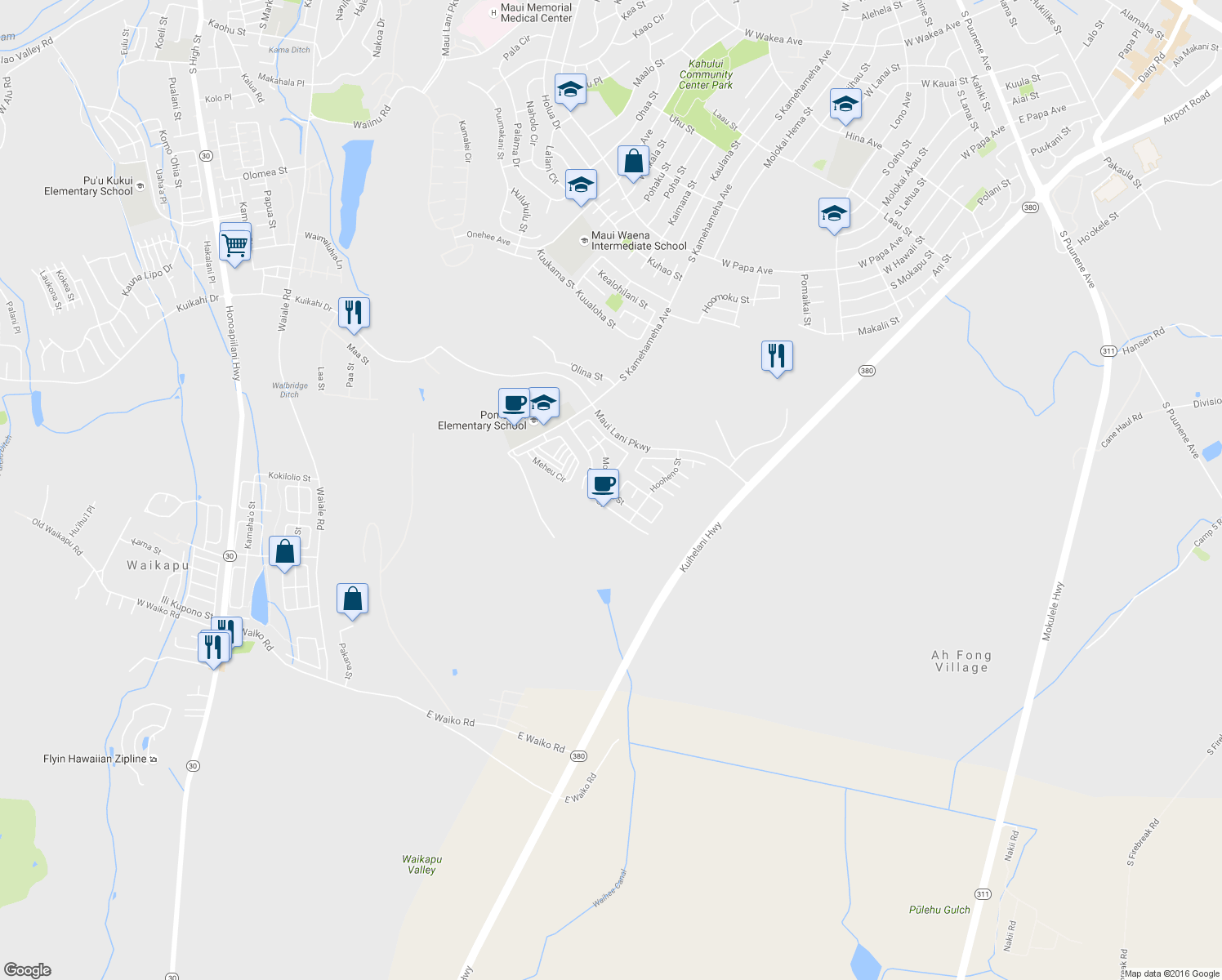 map of restaurants, bars, coffee shops, grocery stores, and more near 210 Molehulehu Street in Kahului