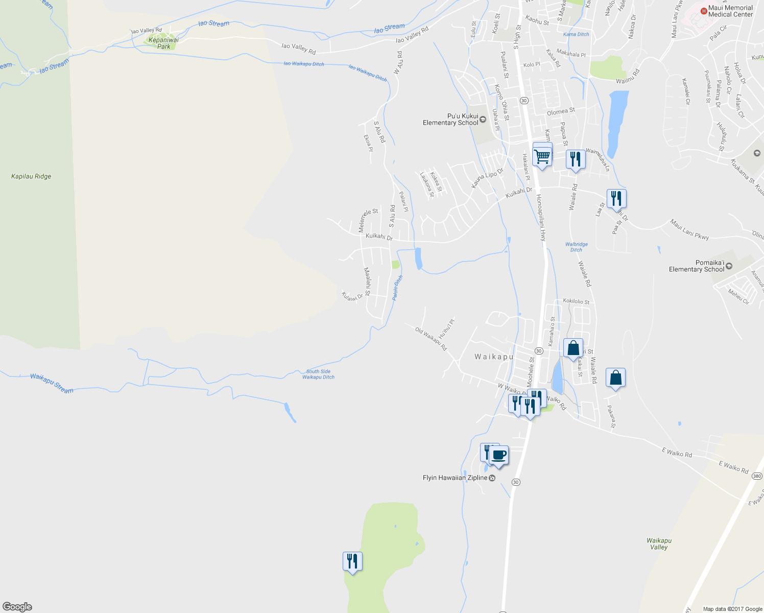 map of restaurants, bars, coffee shops, grocery stores, and more near 744 South Alu Road in Wailuku
