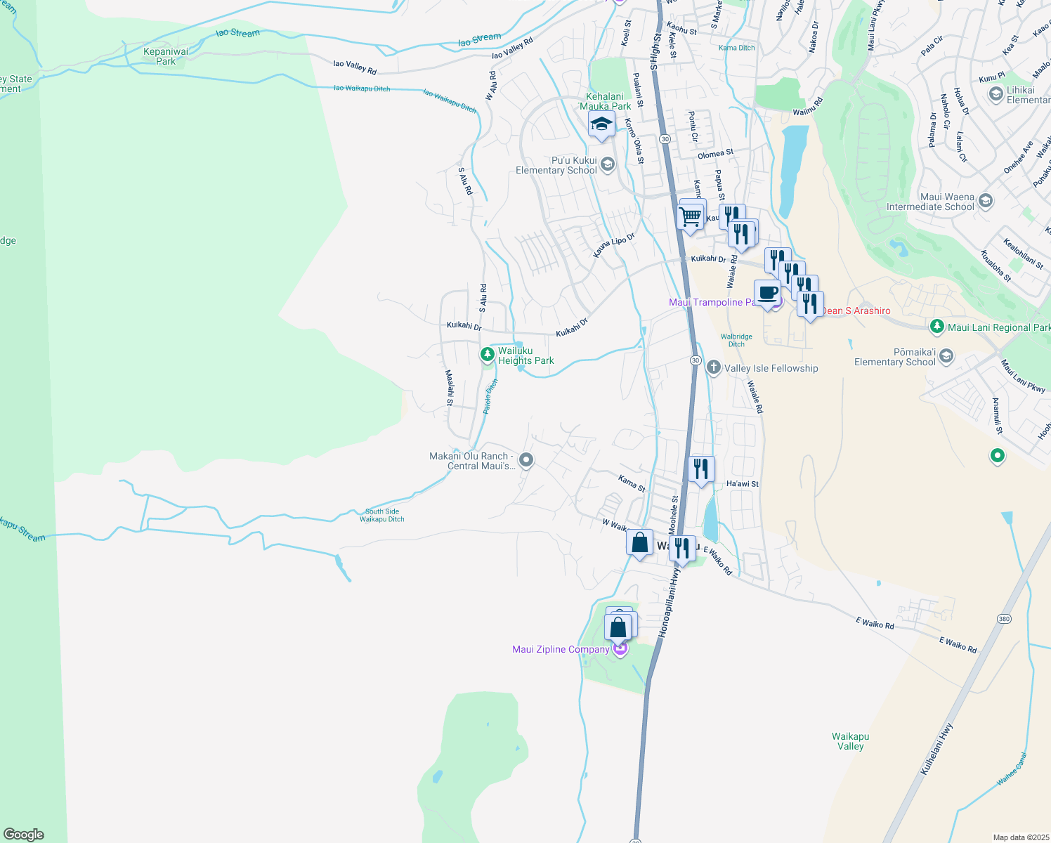 map of restaurants, bars, coffee shops, grocery stores, and more near 382 West Waiko Road in Wailuku