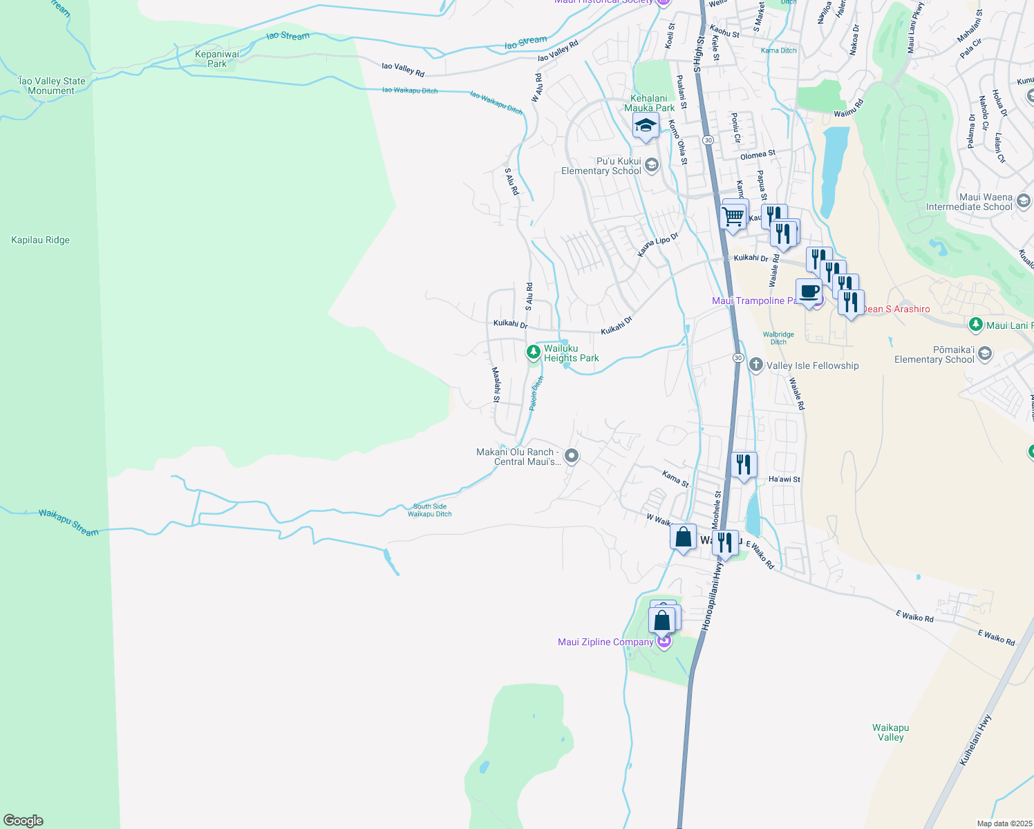 map of restaurants, bars, coffee shops, grocery stores, and more near 736 South Alu Road in Wailuku
