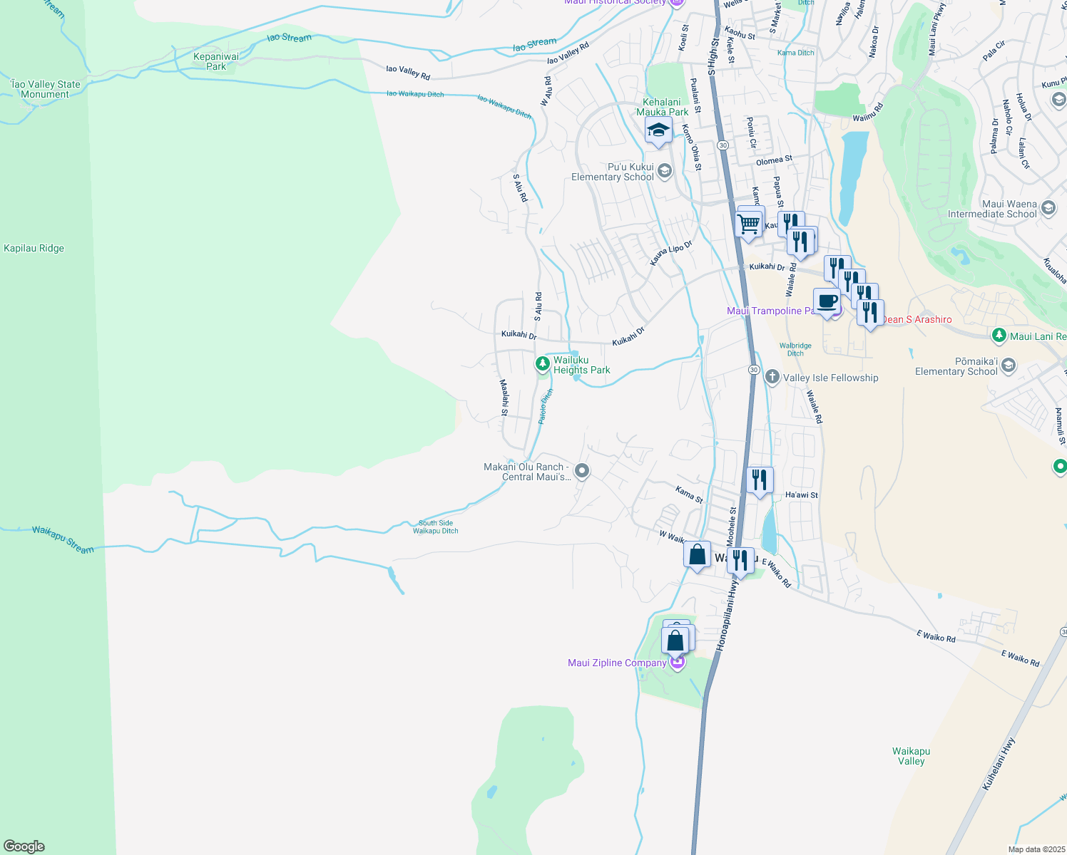 map of restaurants, bars, coffee shops, grocery stores, and more near 729 South Alu Road in Wailuku