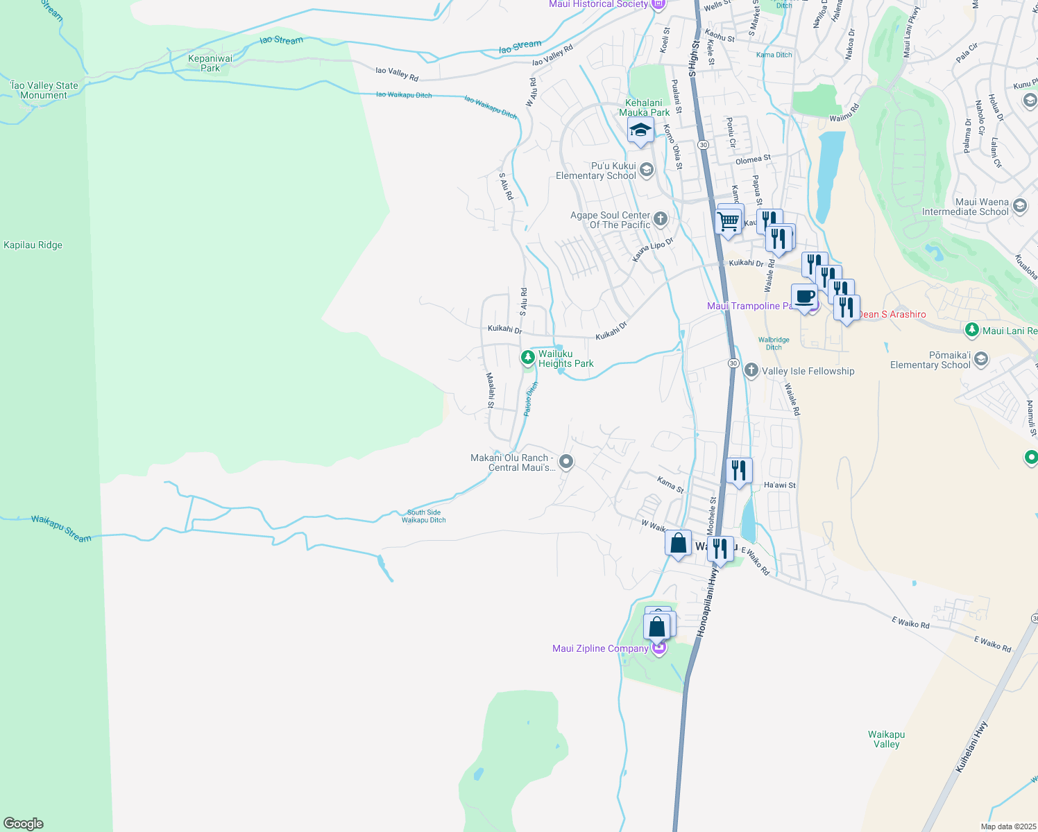 map of restaurants, bars, coffee shops, grocery stores, and more near 723 South Alu Road in Wailuku
