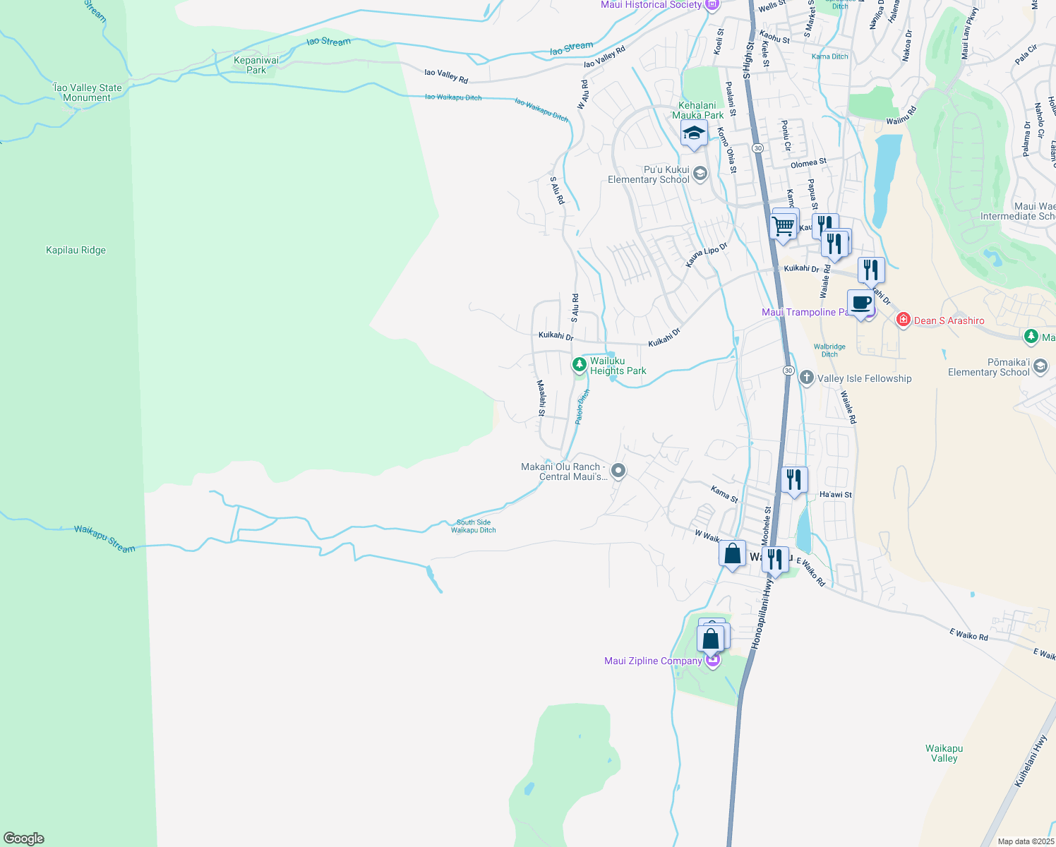 map of restaurants, bars, coffee shops, grocery stores, and more near 523 Kulaiwi Drive in Wailuku