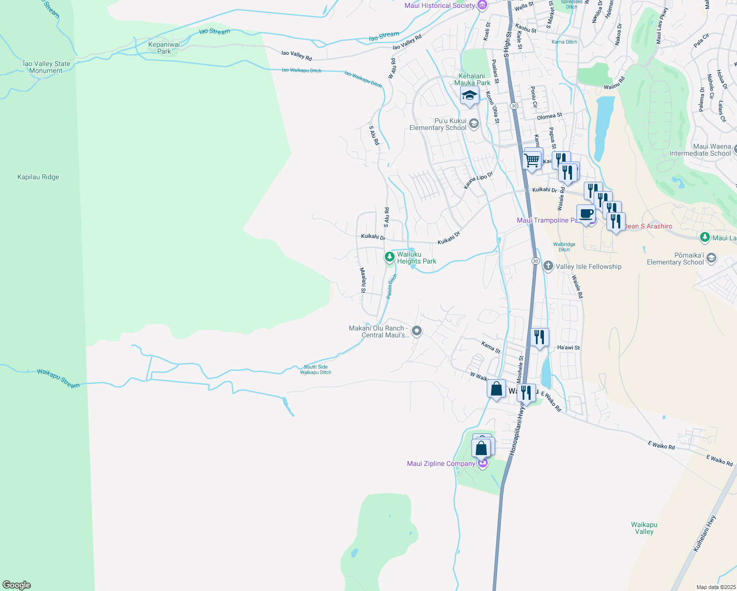 map of restaurants, bars, coffee shops, grocery stores, and more near 451 Kulaiwi Drive in Wailuku