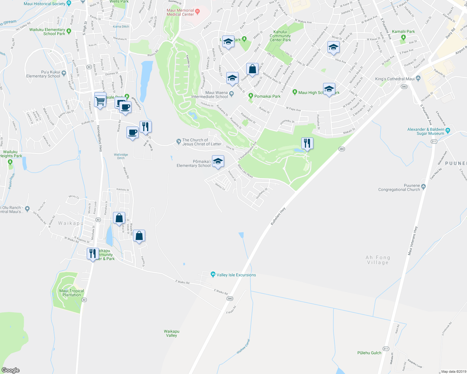 map of restaurants, bars, coffee shops, grocery stores, and more near 100 Kapela Place in Kahului