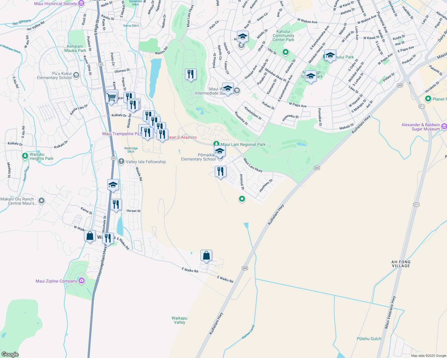 map of restaurants, bars, coffee shops, grocery stores, and more near 141 Meheu Circle in Kahului