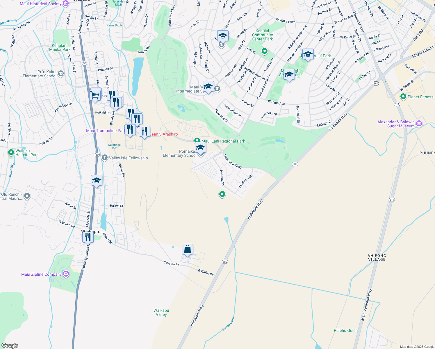map of restaurants, bars, coffee shops, grocery stores, and more near 93 Meheu Circle in Kahului