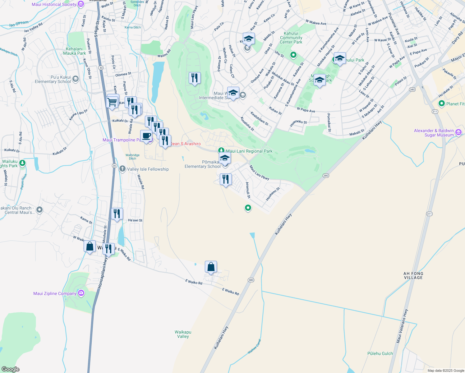 map of restaurants, bars, coffee shops, grocery stores, and more near 134 Meheu Circle in Kahului