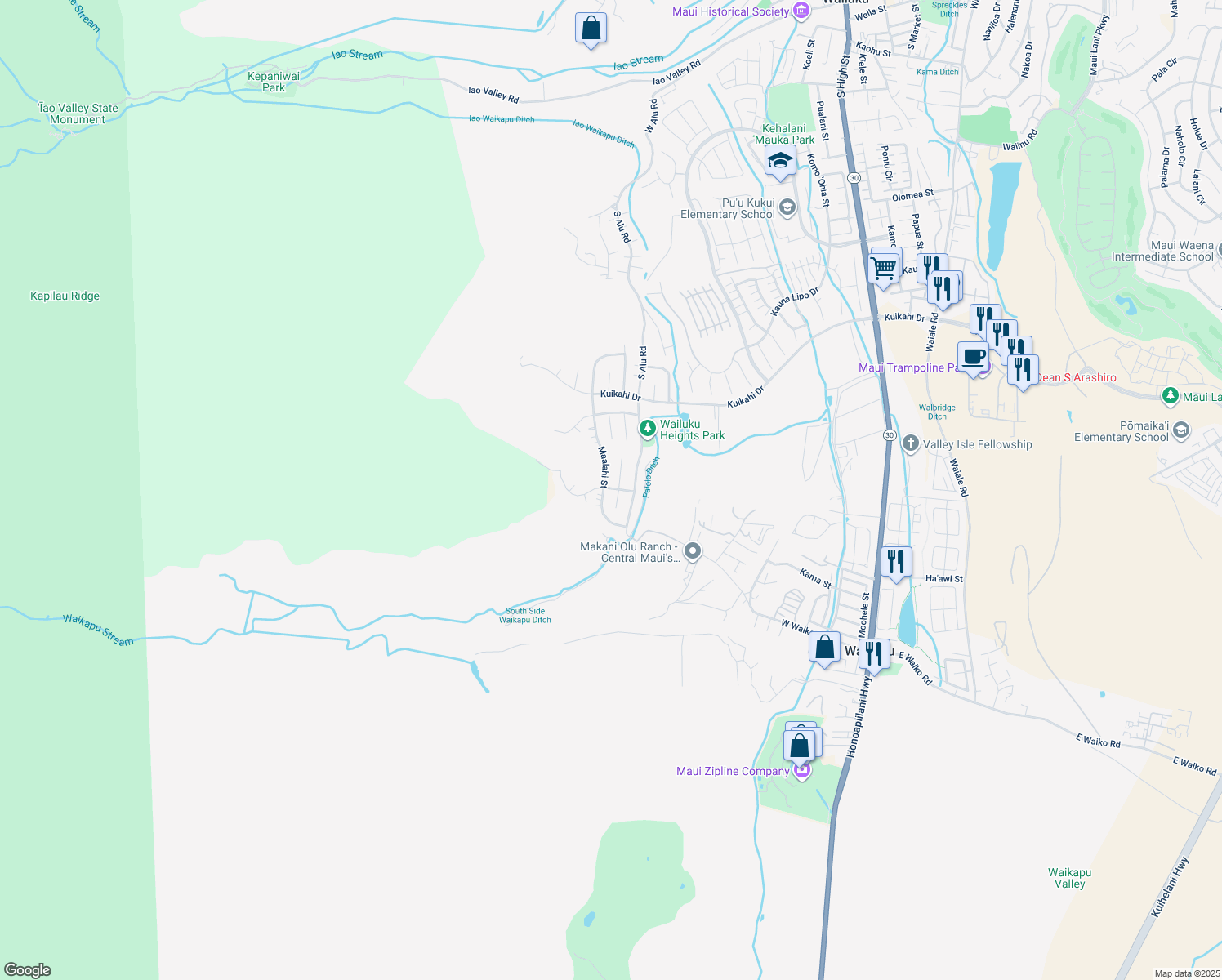 map of restaurants, bars, coffee shops, grocery stores, and more near 516 Kulaiwi Drive in Wailuku