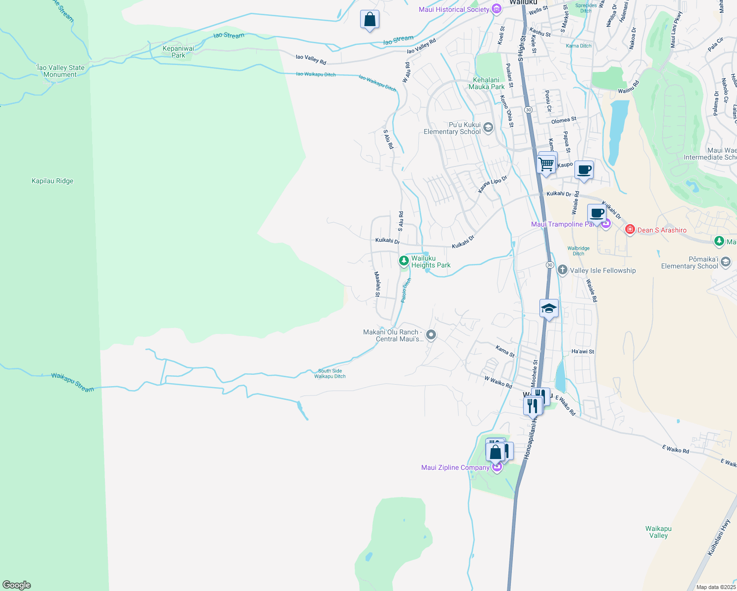 map of restaurants, bars, coffee shops, grocery stores, and more near 516 Kulaiwi Drive in Wailuku