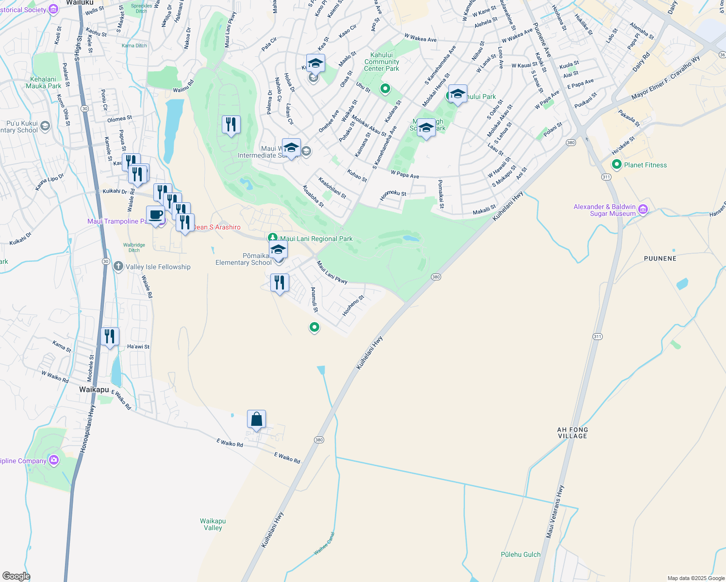 map of restaurants, bars, coffee shops, grocery stores, and more near 3 Papahi Loop in Kahului