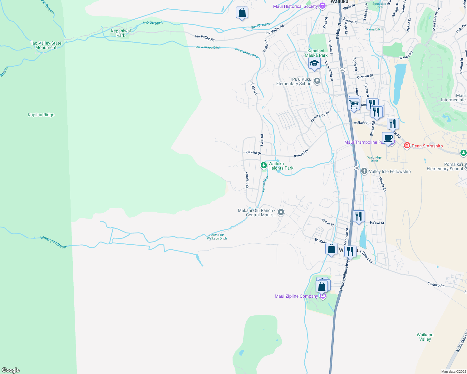 map of restaurants, bars, coffee shops, grocery stores, and more near 570 Kulaiwi Drive in Wailuku
