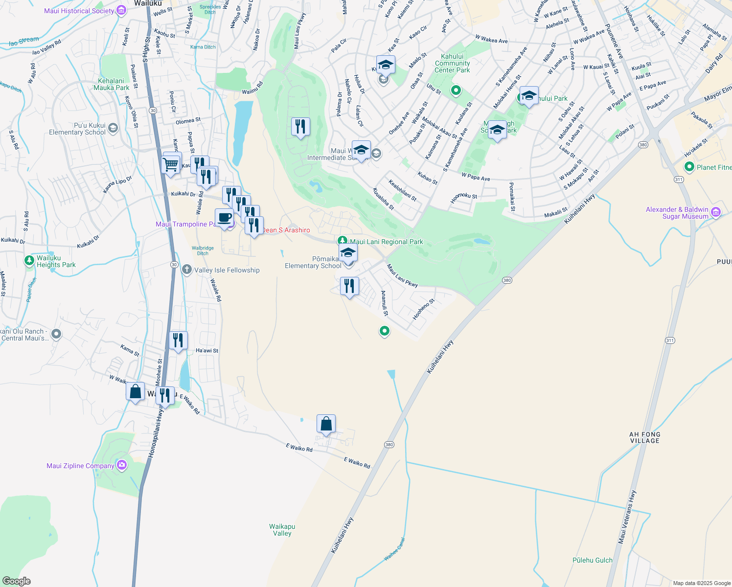 map of restaurants, bars, coffee shops, grocery stores, and more near 360 Uluna Street in Kahului