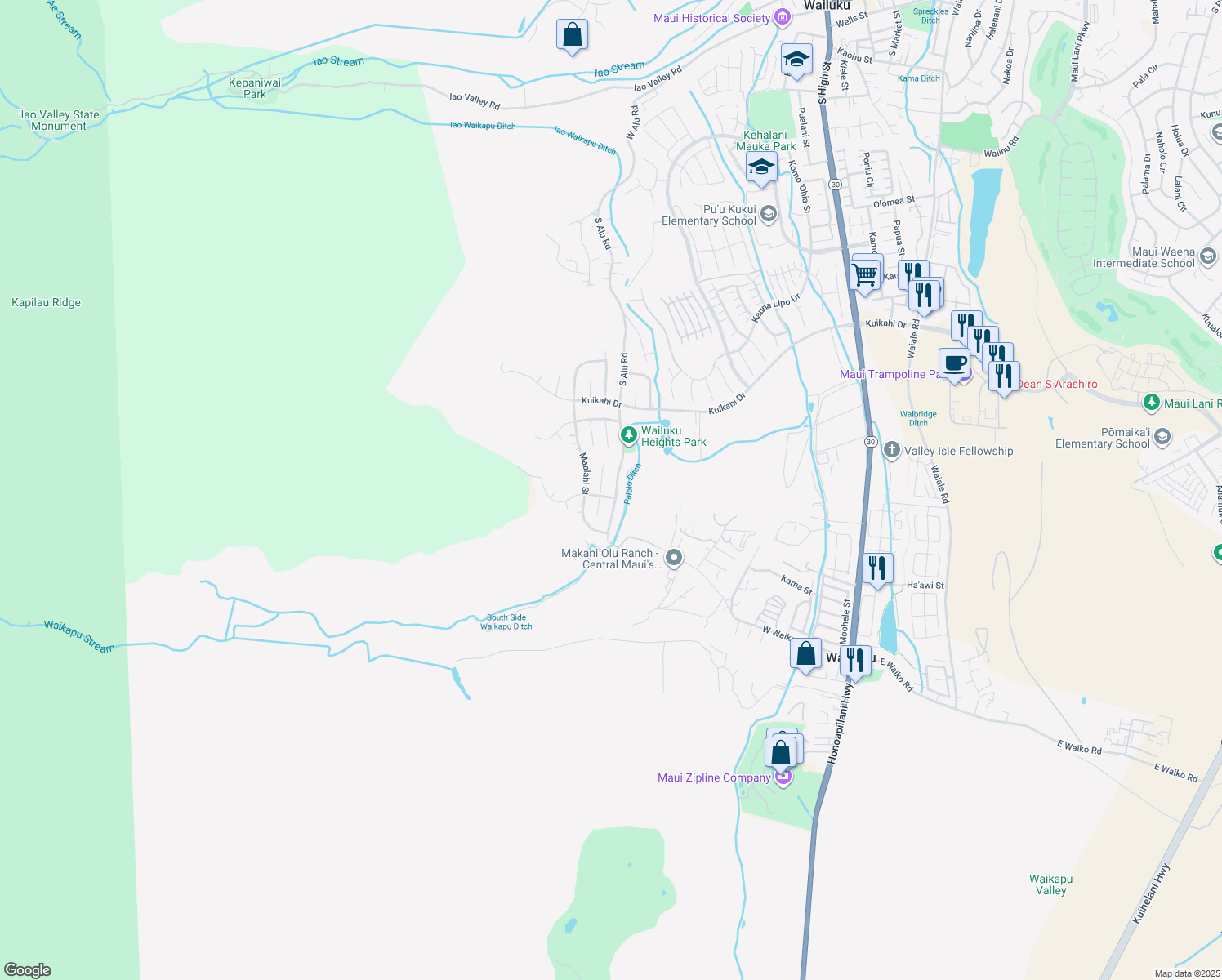 map of restaurants, bars, coffee shops, grocery stores, and more near 712 South Alu Road in Wailuku