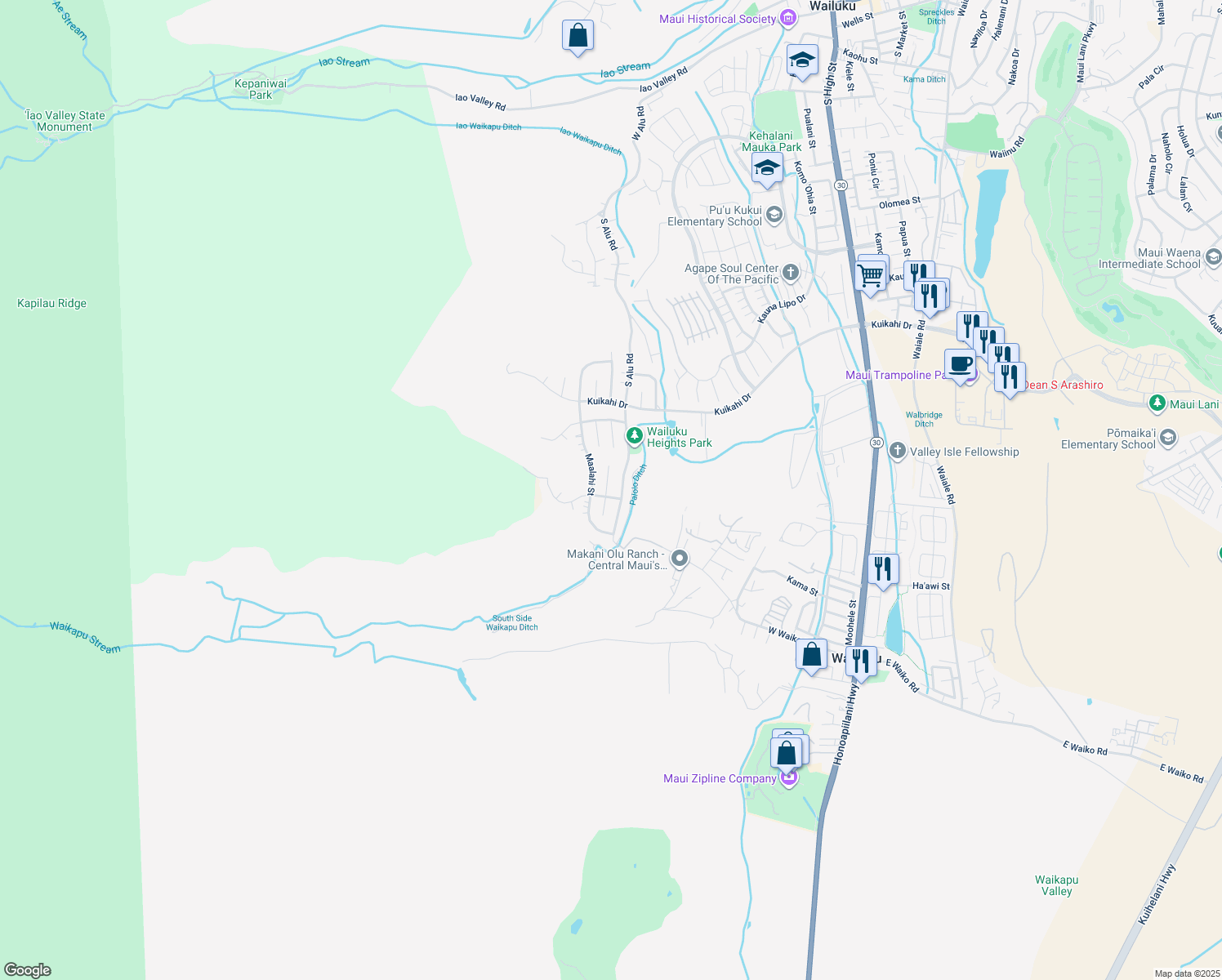 map of restaurants, bars, coffee shops, grocery stores, and more near 707 Noweo Place in Wailuku