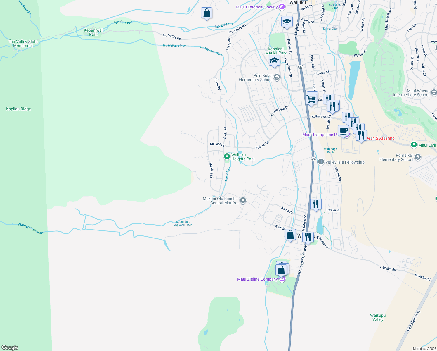 map of restaurants, bars, coffee shops, grocery stores, and more near 707 Noweo Place in Wailuku