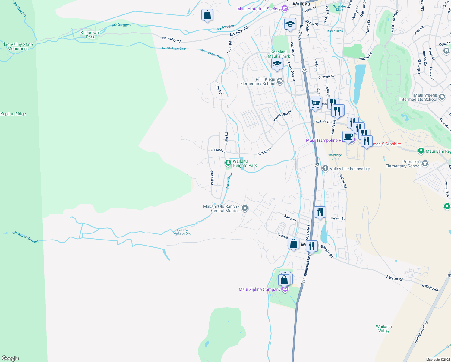 map of restaurants, bars, coffee shops, grocery stores, and more near 701 South Alu Road in Wailuku