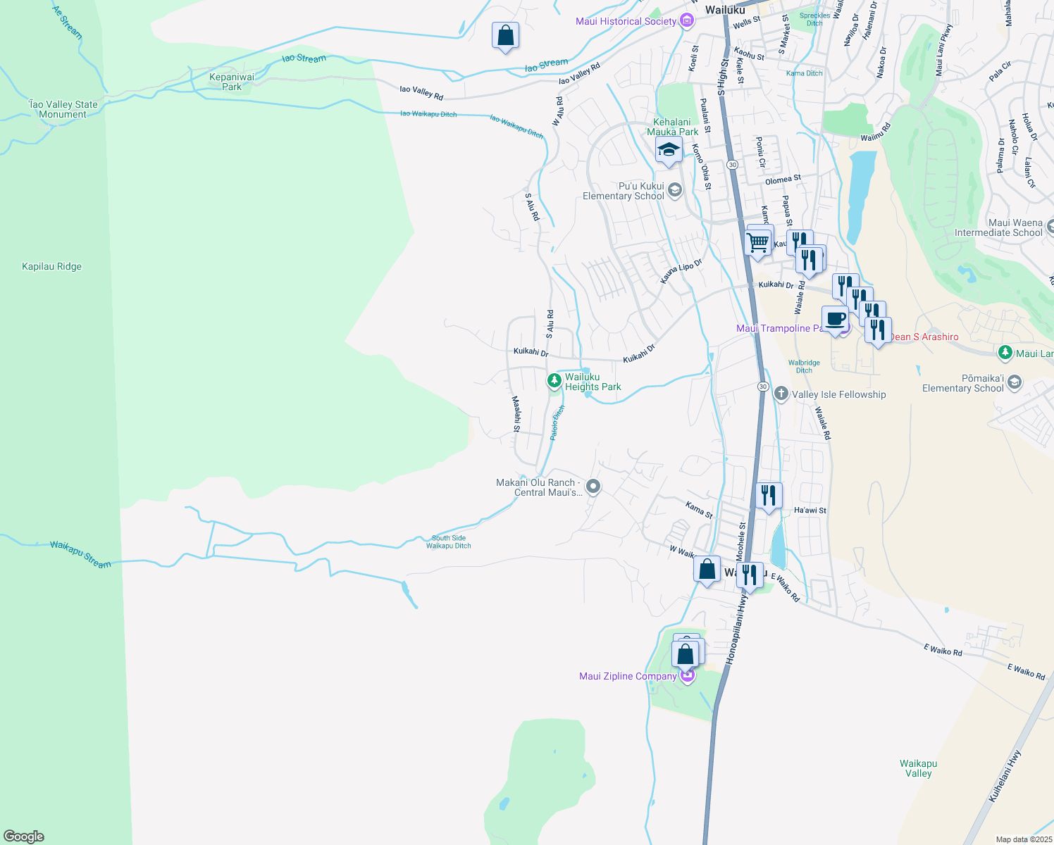 map of restaurants, bars, coffee shops, grocery stores, and more near 702 Noweo Place in Wailuku