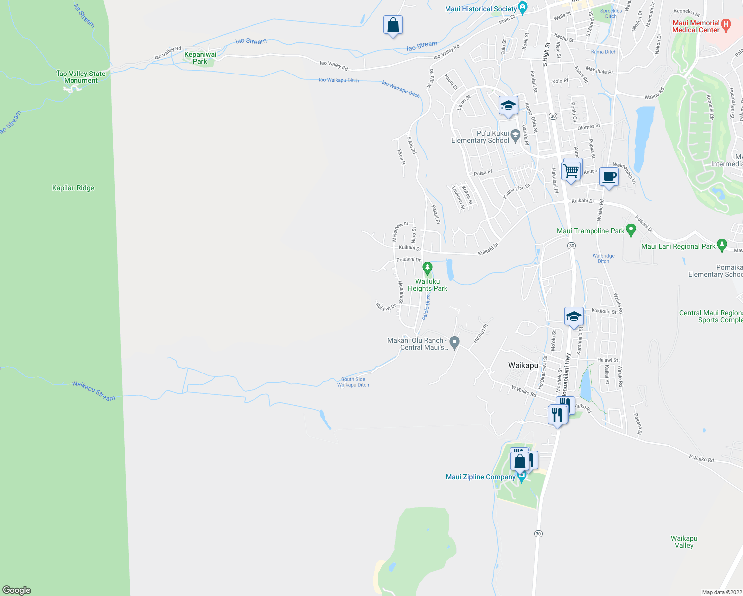 map of restaurants, bars, coffee shops, grocery stores, and more near 589 Kulaiwi Drive in Wailuku