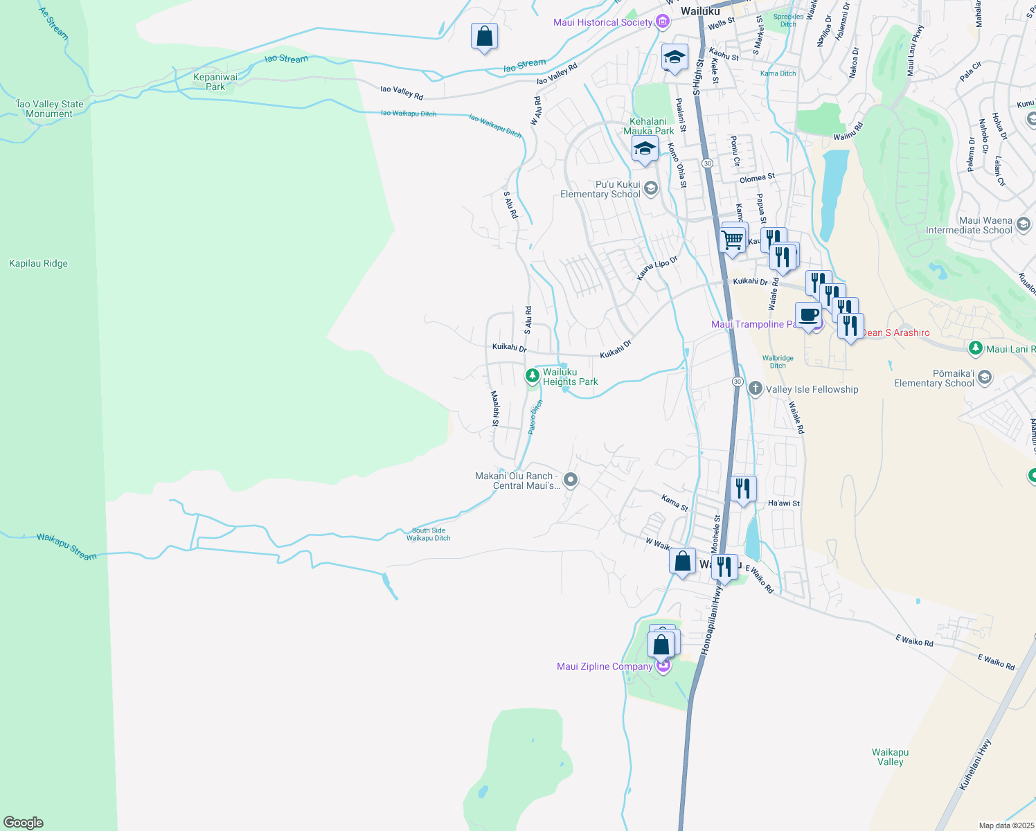 map of restaurants, bars, coffee shops, grocery stores, and more near 700 South Alu Road in Wailuku