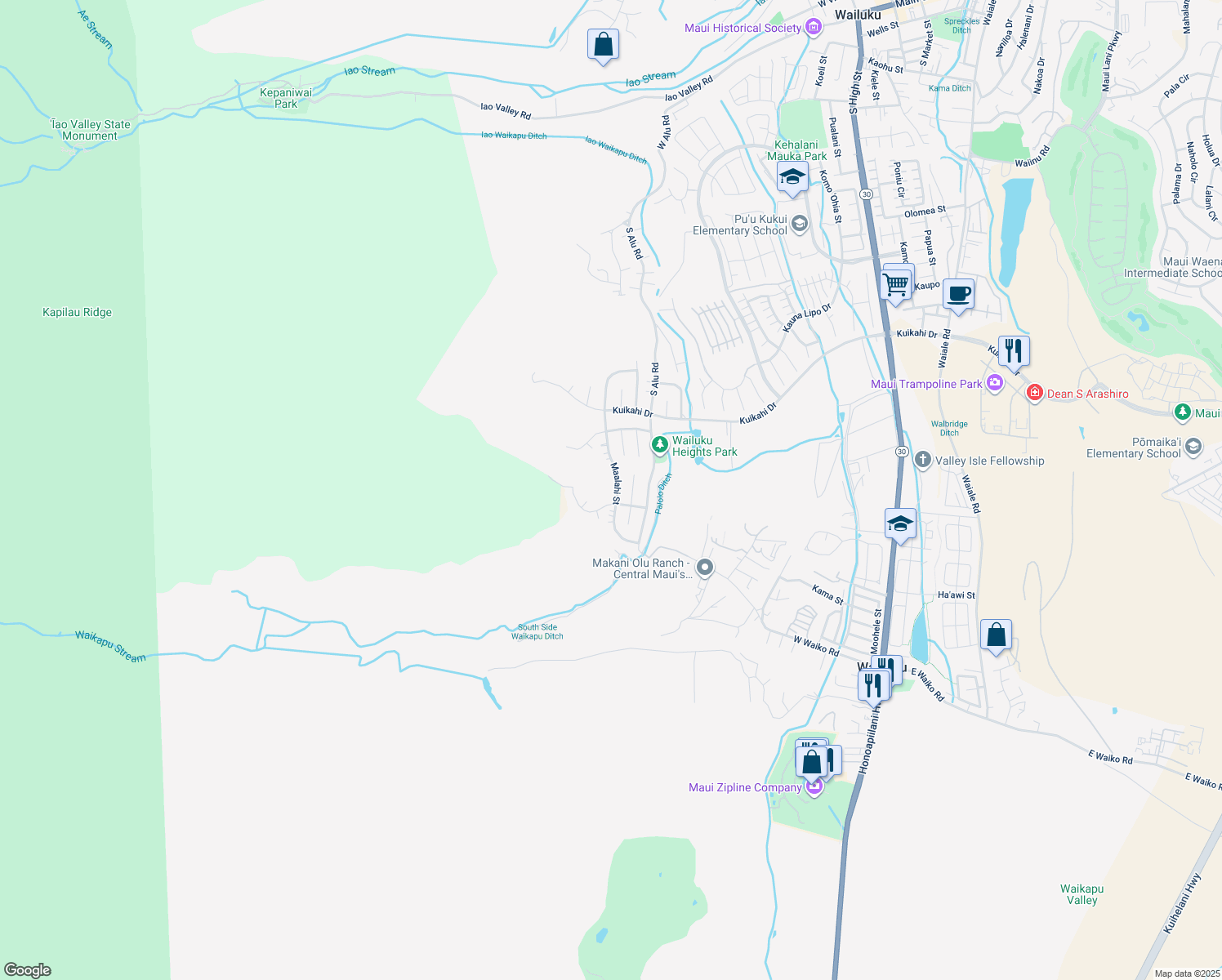 map of restaurants, bars, coffee shops, grocery stores, and more near Maalahi Street in Wailuku