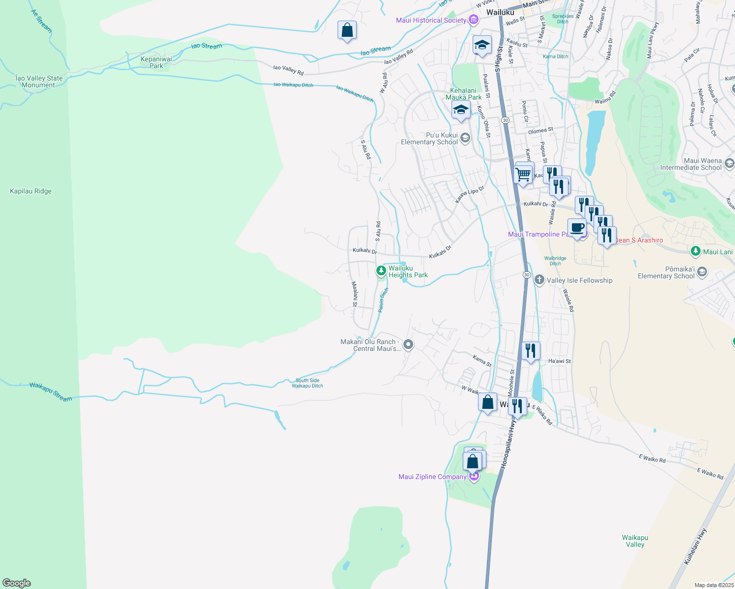 map of restaurants, bars, coffee shops, grocery stores, and more near 681 Noweo Place in Wailuku