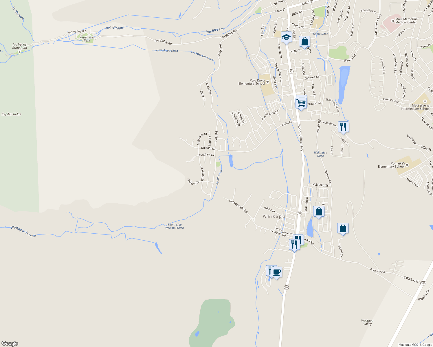 map of restaurants, bars, coffee shops, grocery stores, and more near 681 South Alu Road in Wailuku