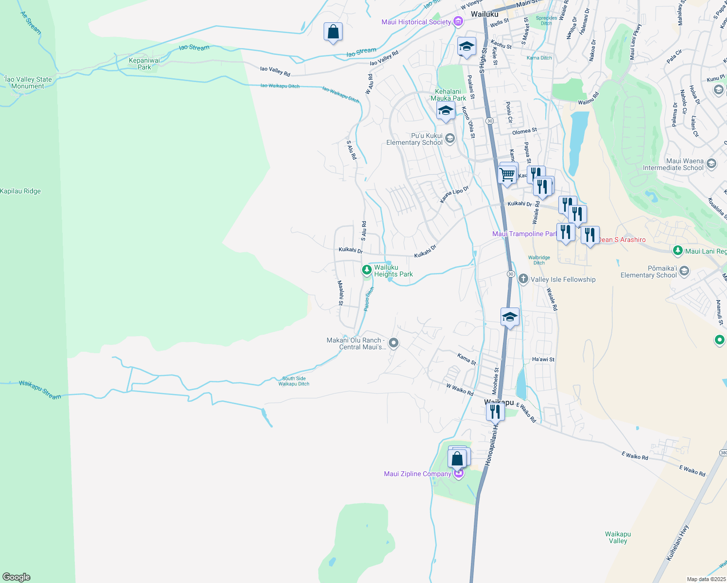 map of restaurants, bars, coffee shops, grocery stores, and more near 681 South Alu Road in Wailuku