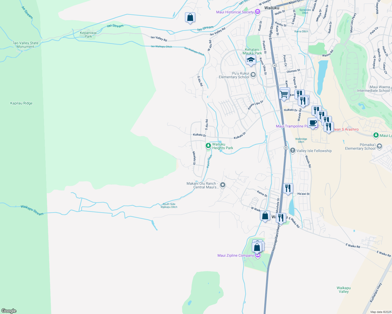 map of restaurants, bars, coffee shops, grocery stores, and more near 679 Maalahi Street in Wailuku