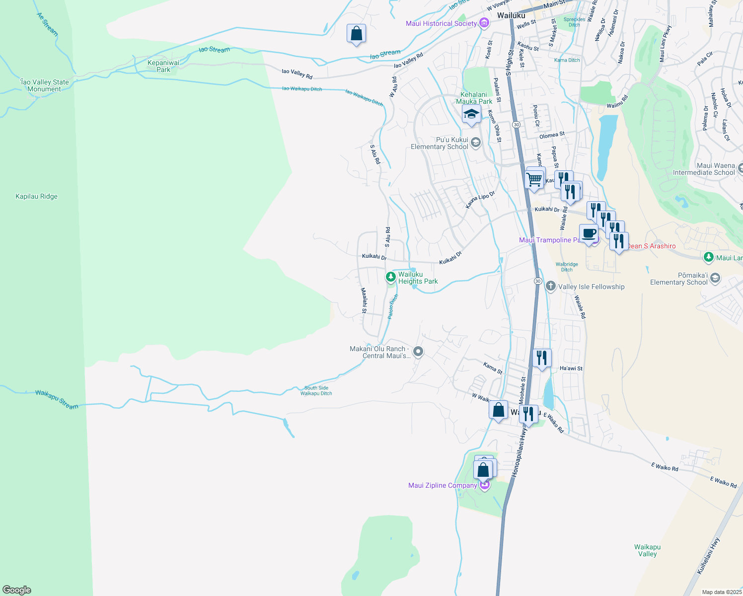 map of restaurants, bars, coffee shops, grocery stores, and more near 680 Noweo Place in Wailuku
