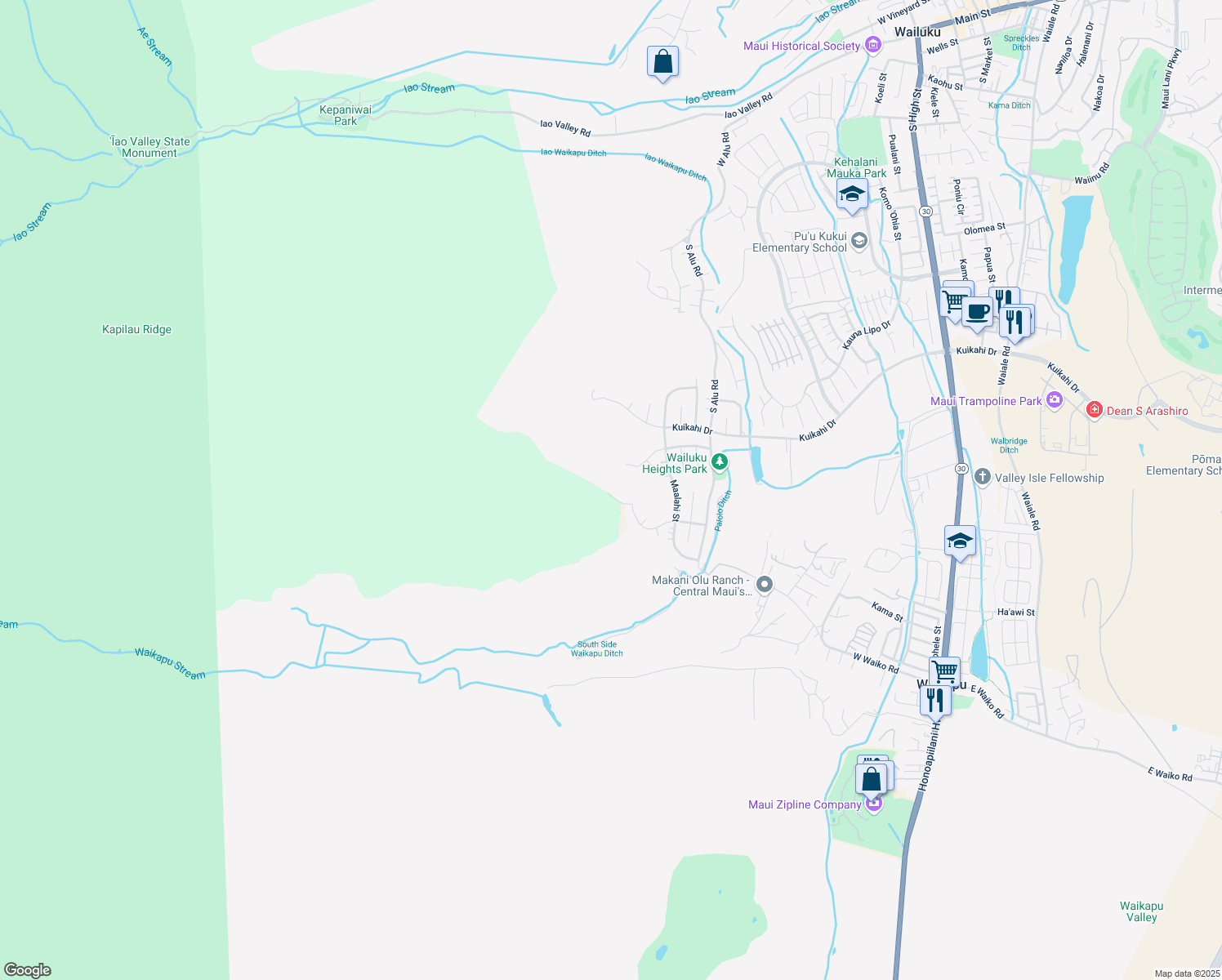 map of restaurants, bars, coffee shops, grocery stores, and more near 588 Kulaiwi Drive in Wailuku