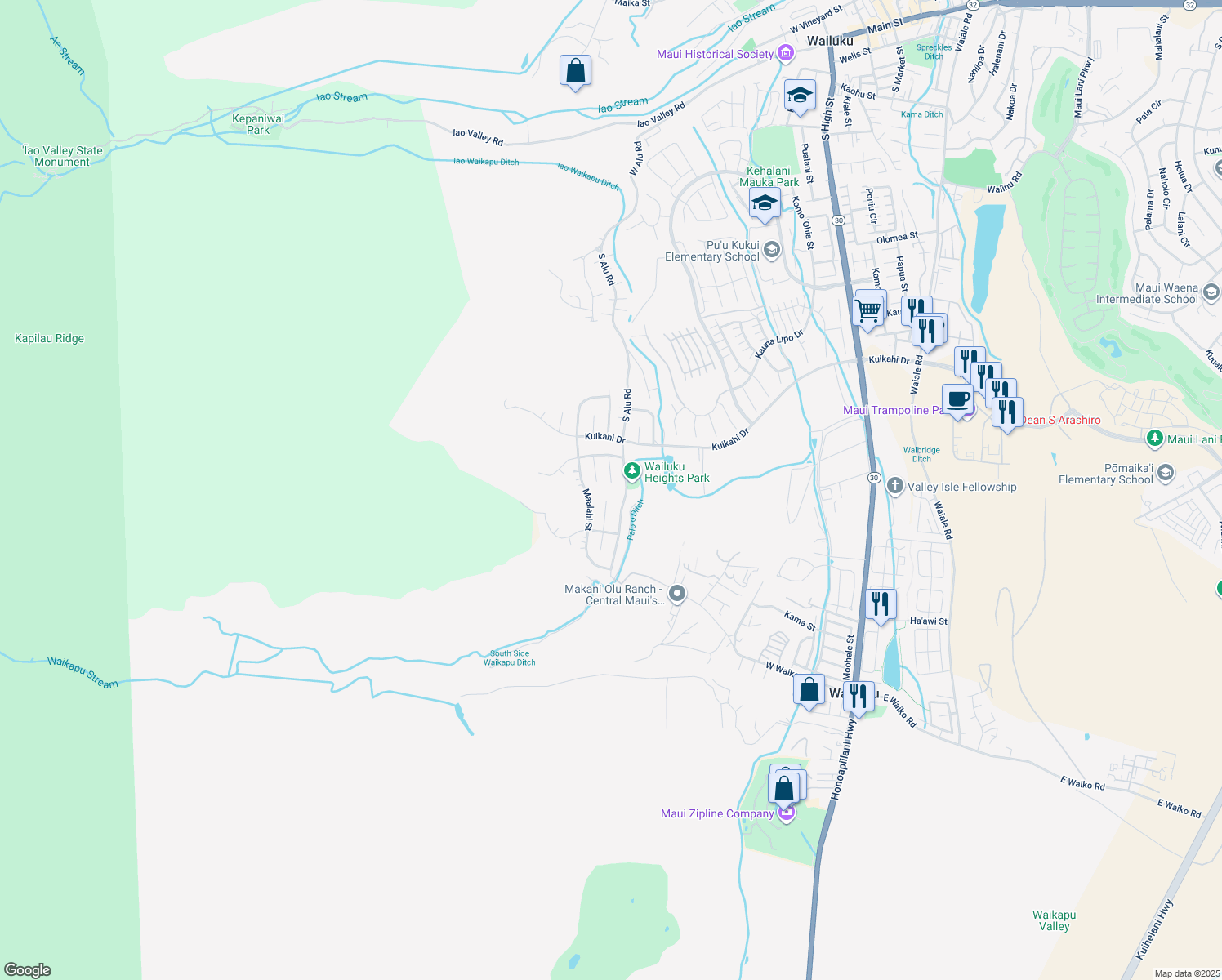 map of restaurants, bars, coffee shops, grocery stores, and more near 657 Mapuana Place in Wailuku