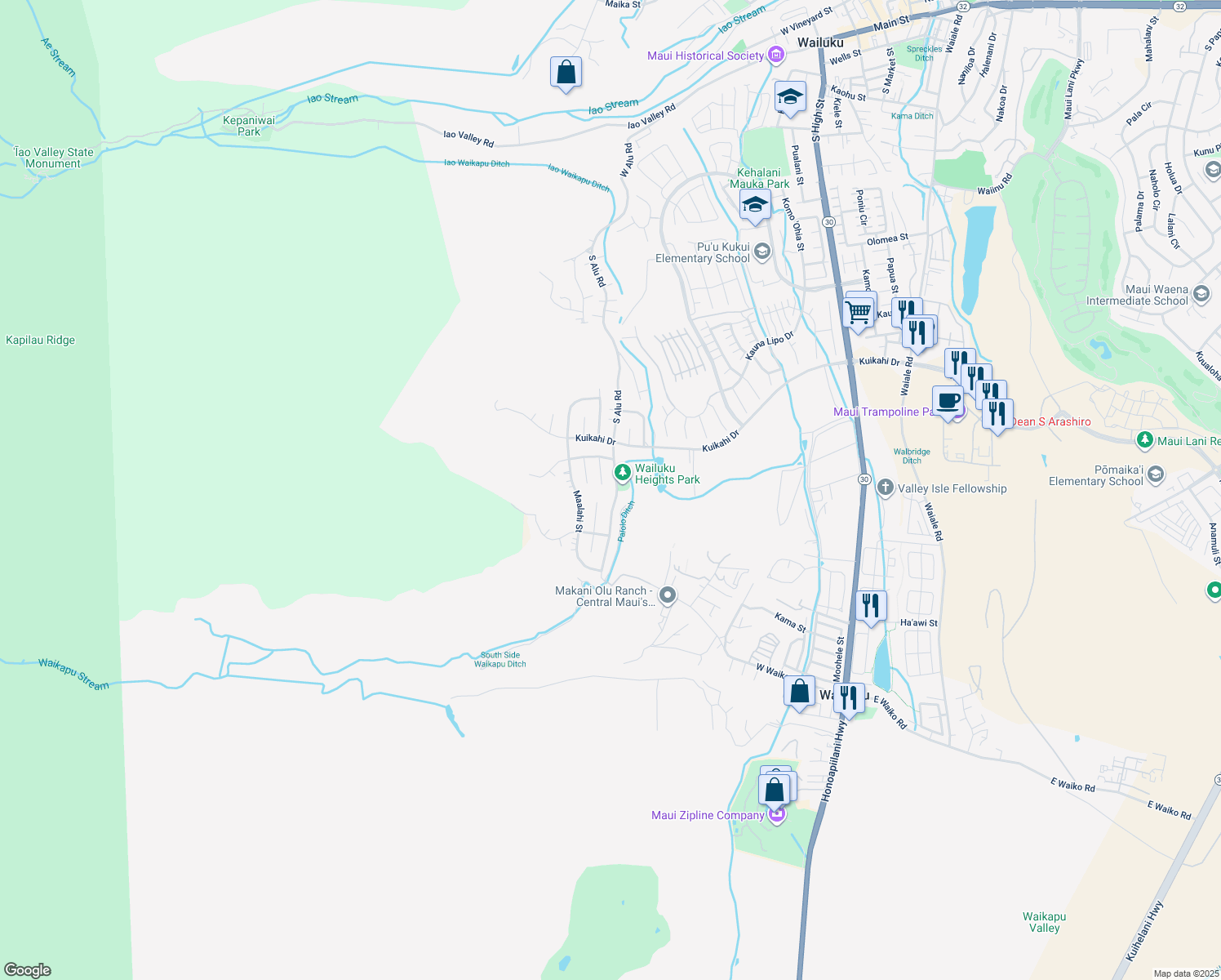 map of restaurants, bars, coffee shops, grocery stores, and more near 656 South Alu Road in Wailuku