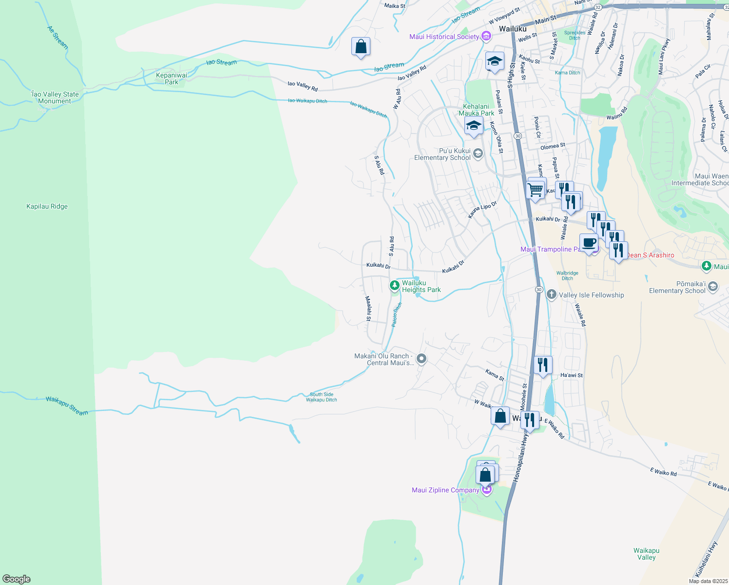 map of restaurants, bars, coffee shops, grocery stores, and more near Maalahi Street in Wailuku