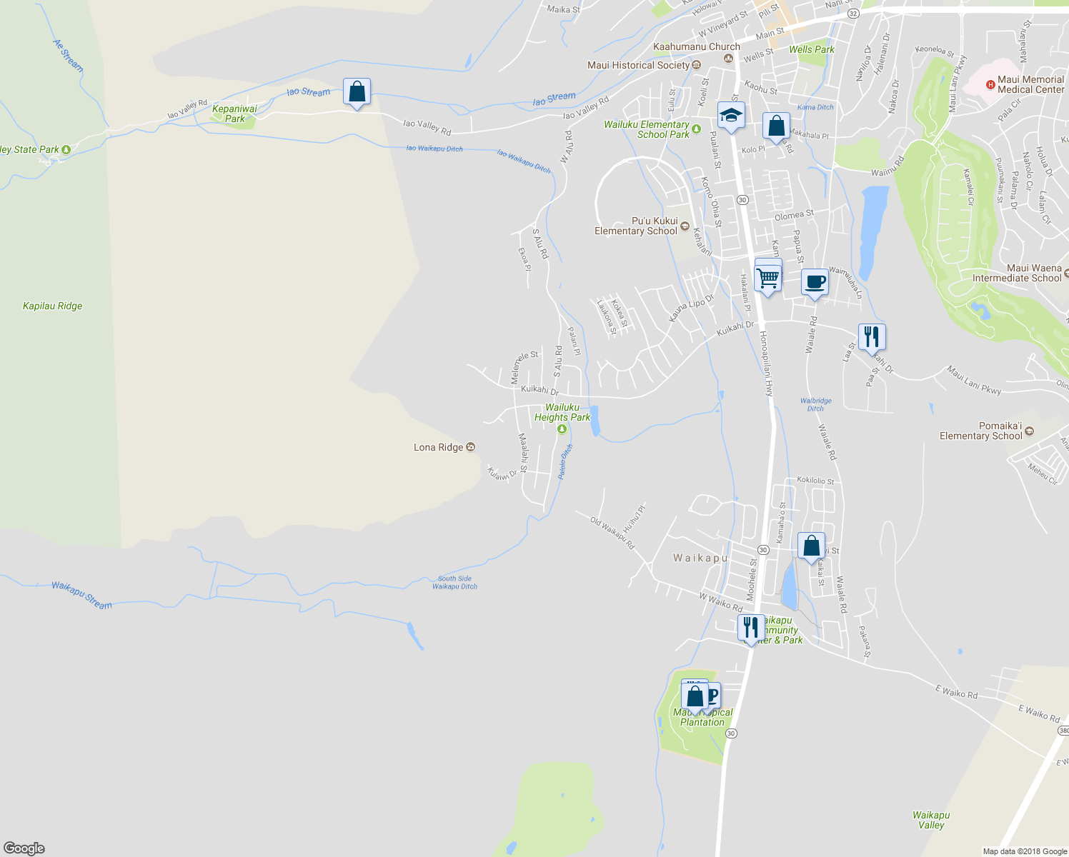 map of restaurants, bars, coffee shops, grocery stores, and more near 643 Anela Place in Wailuku