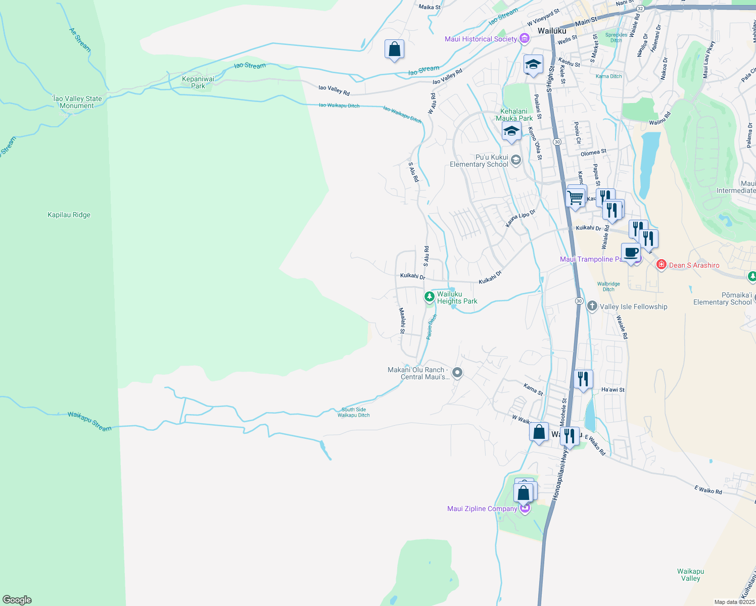 map of restaurants, bars, coffee shops, grocery stores, and more near 535 Polulani Drive in Wailuku