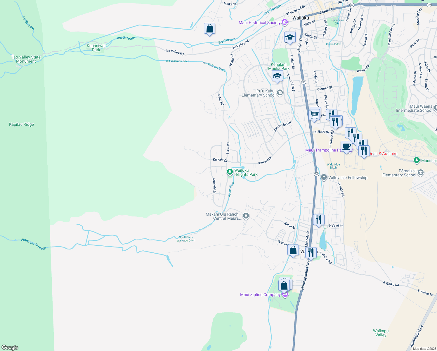 map of restaurants, bars, coffee shops, grocery stores, and more near 643 Anela Place in Wailuku