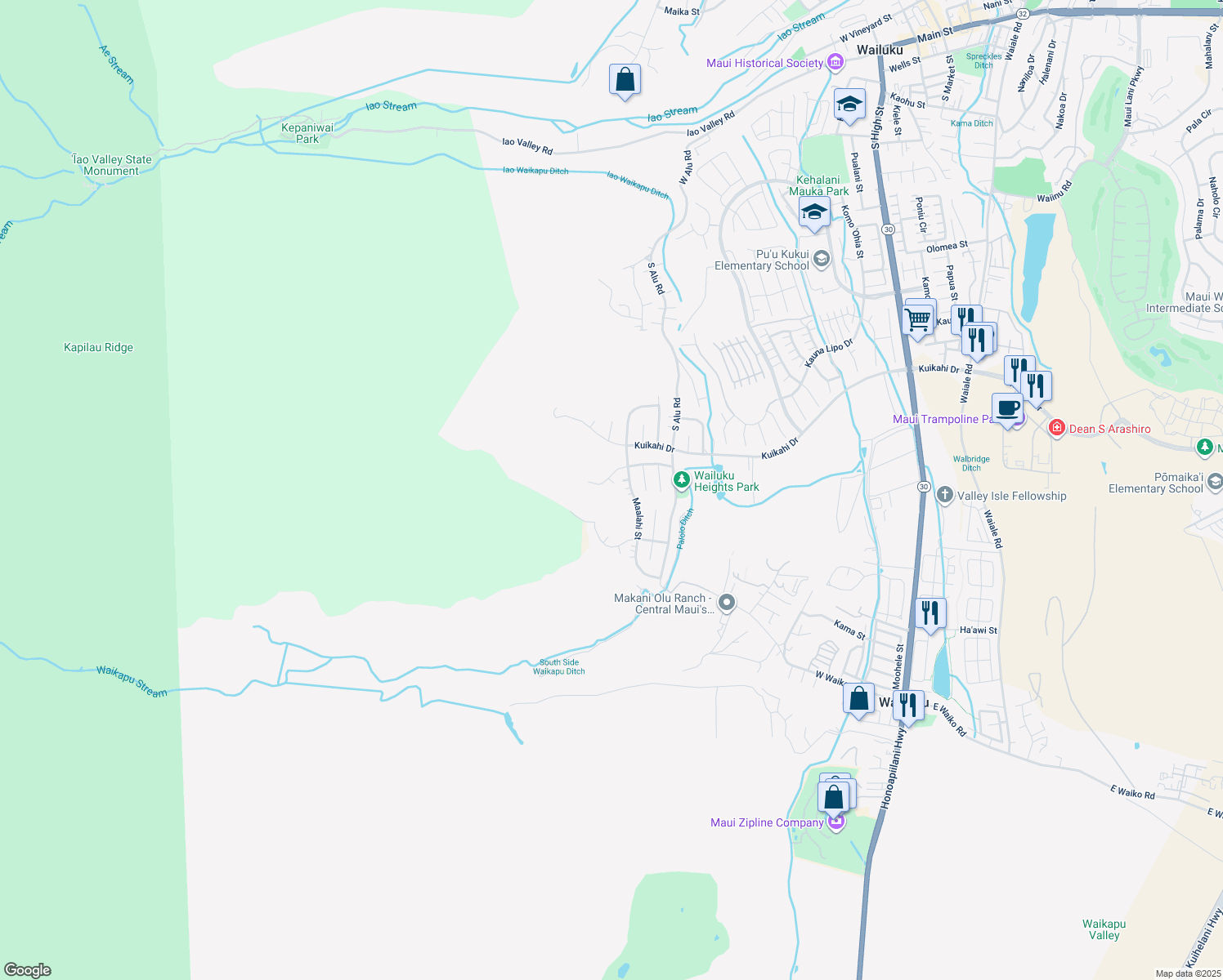 map of restaurants, bars, coffee shops, grocery stores, and more near 608 Kiekie Way in Wailuku