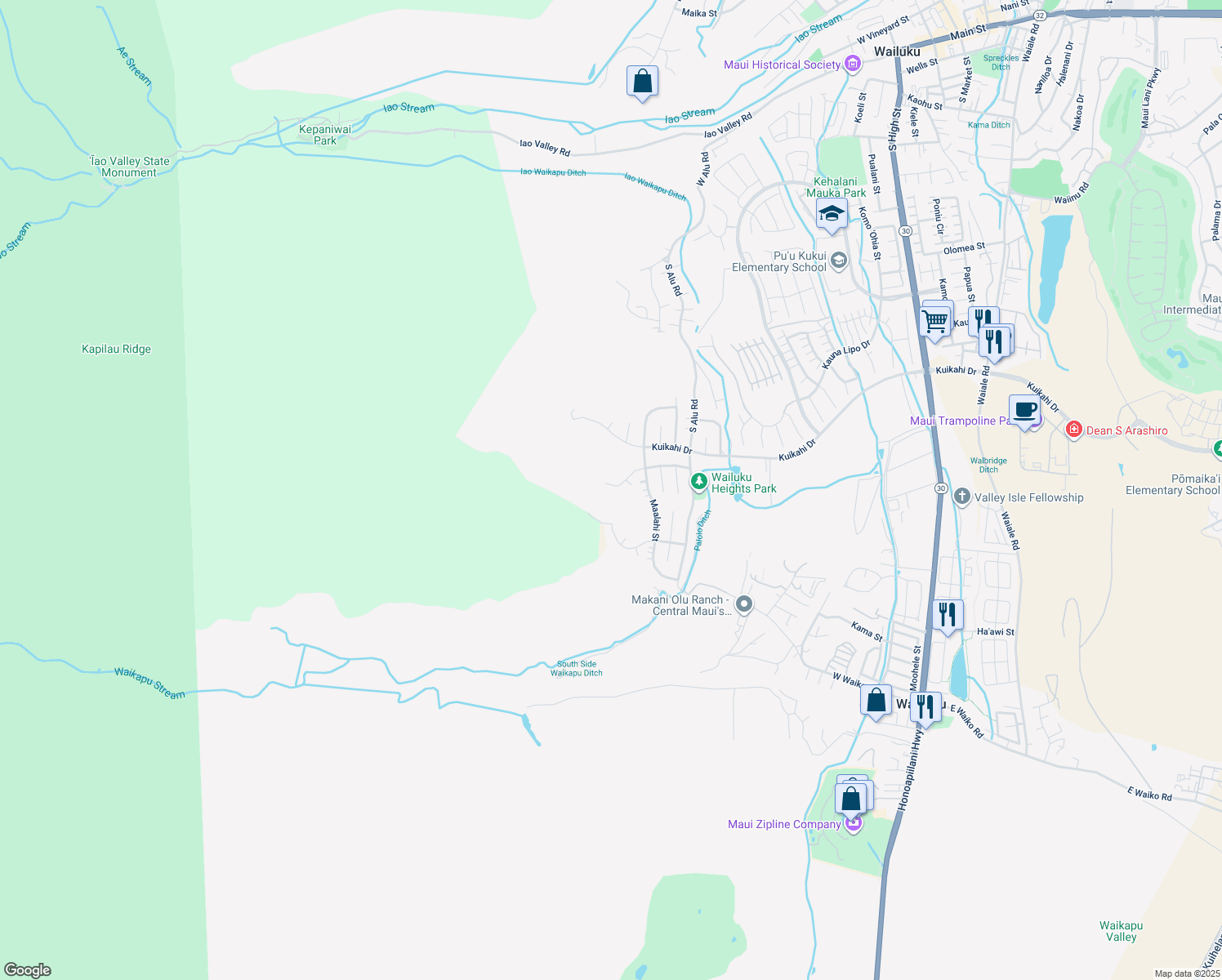 map of restaurants, bars, coffee shops, grocery stores, and more near 539 Polulani Drive in Wailuku