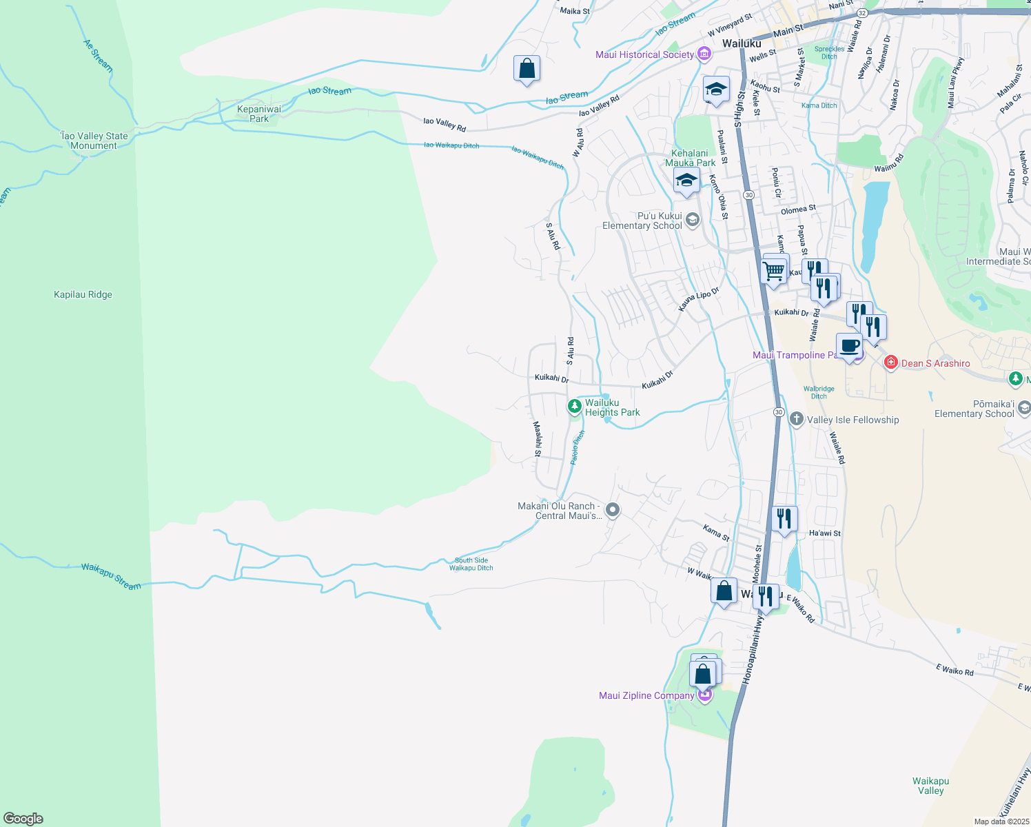 map of restaurants, bars, coffee shops, grocery stores, and more near 608 Kiekie Way in Wailuku