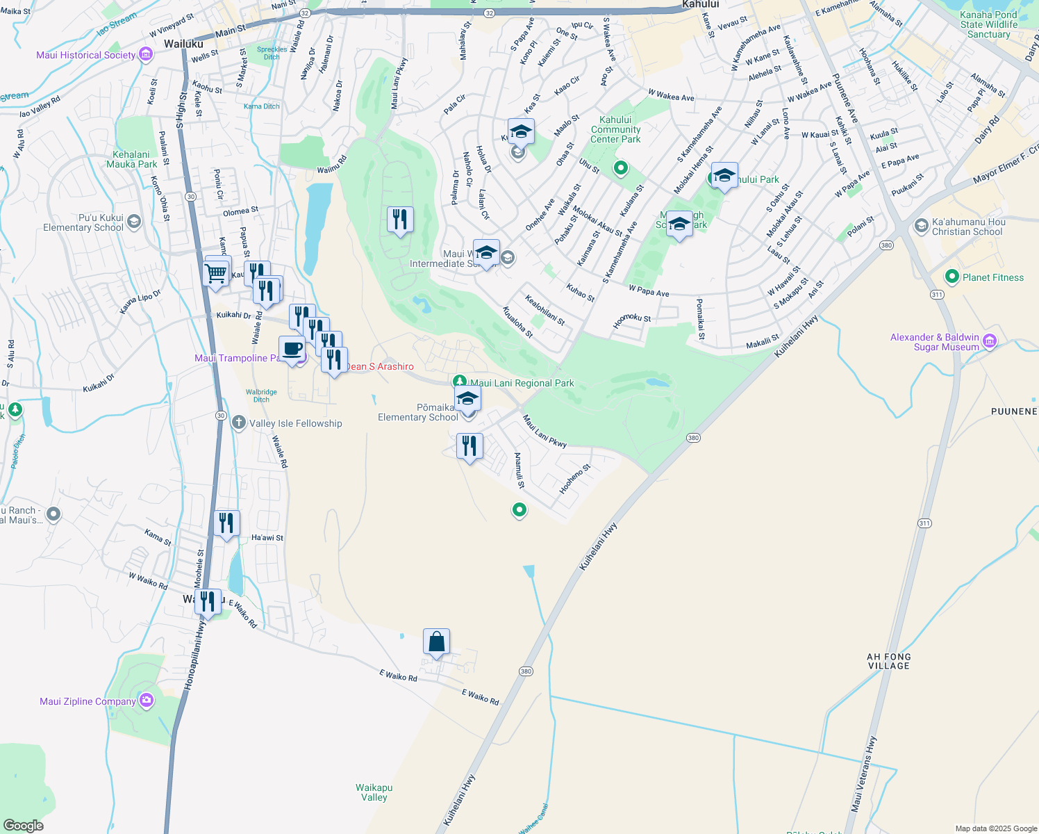 map of restaurants, bars, coffee shops, grocery stores, and more near 35 Hoku Puhipaka Street in Kahului