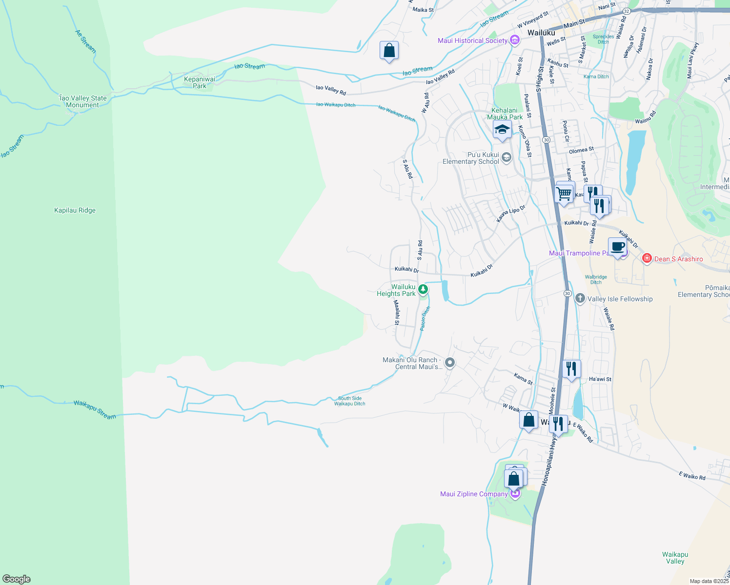 map of restaurants, bars, coffee shops, grocery stores, and more near 551 Polulani Drive in Wailuku