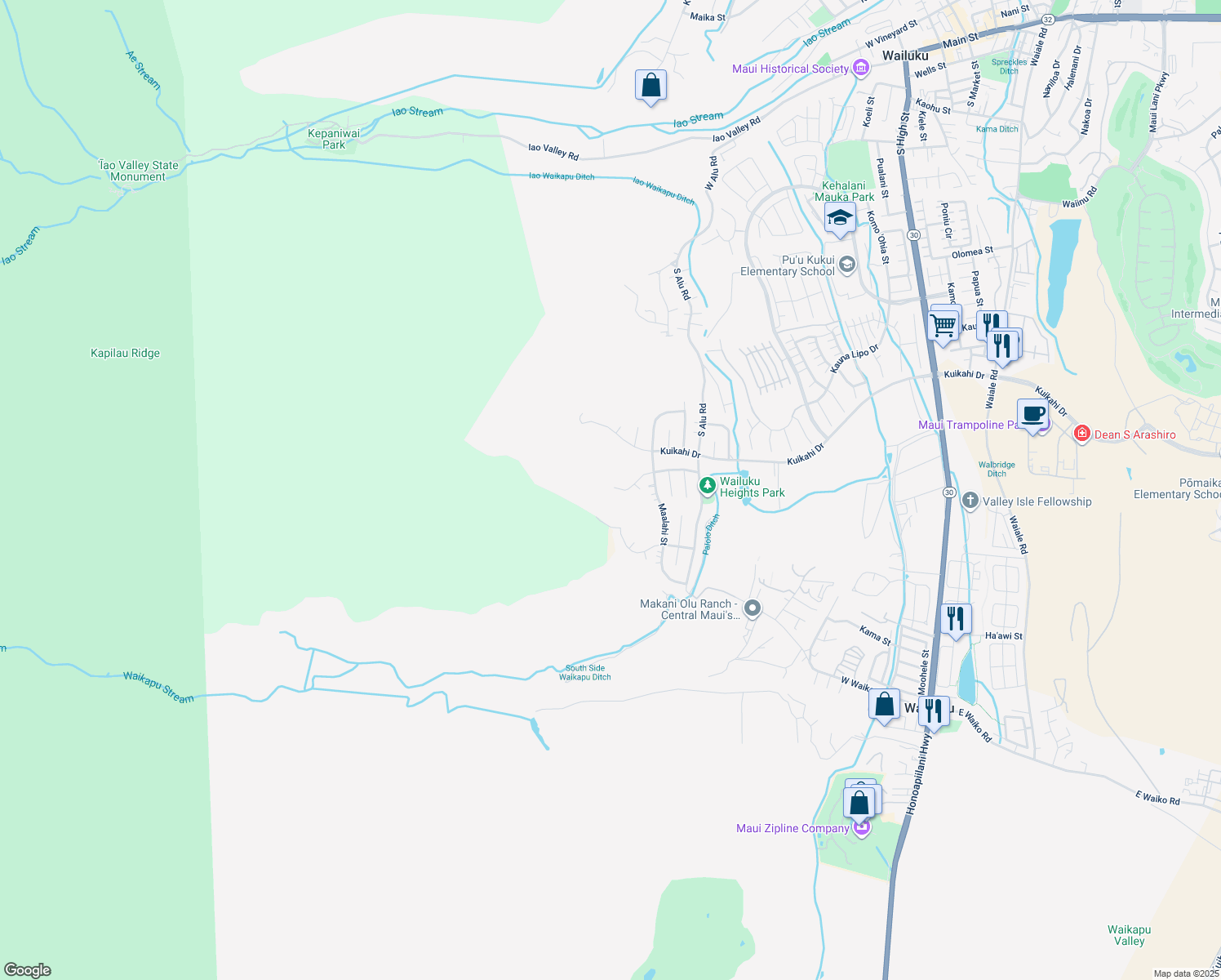 map of restaurants, bars, coffee shops, grocery stores, and more near 551 Polulani Drive in Wailuku