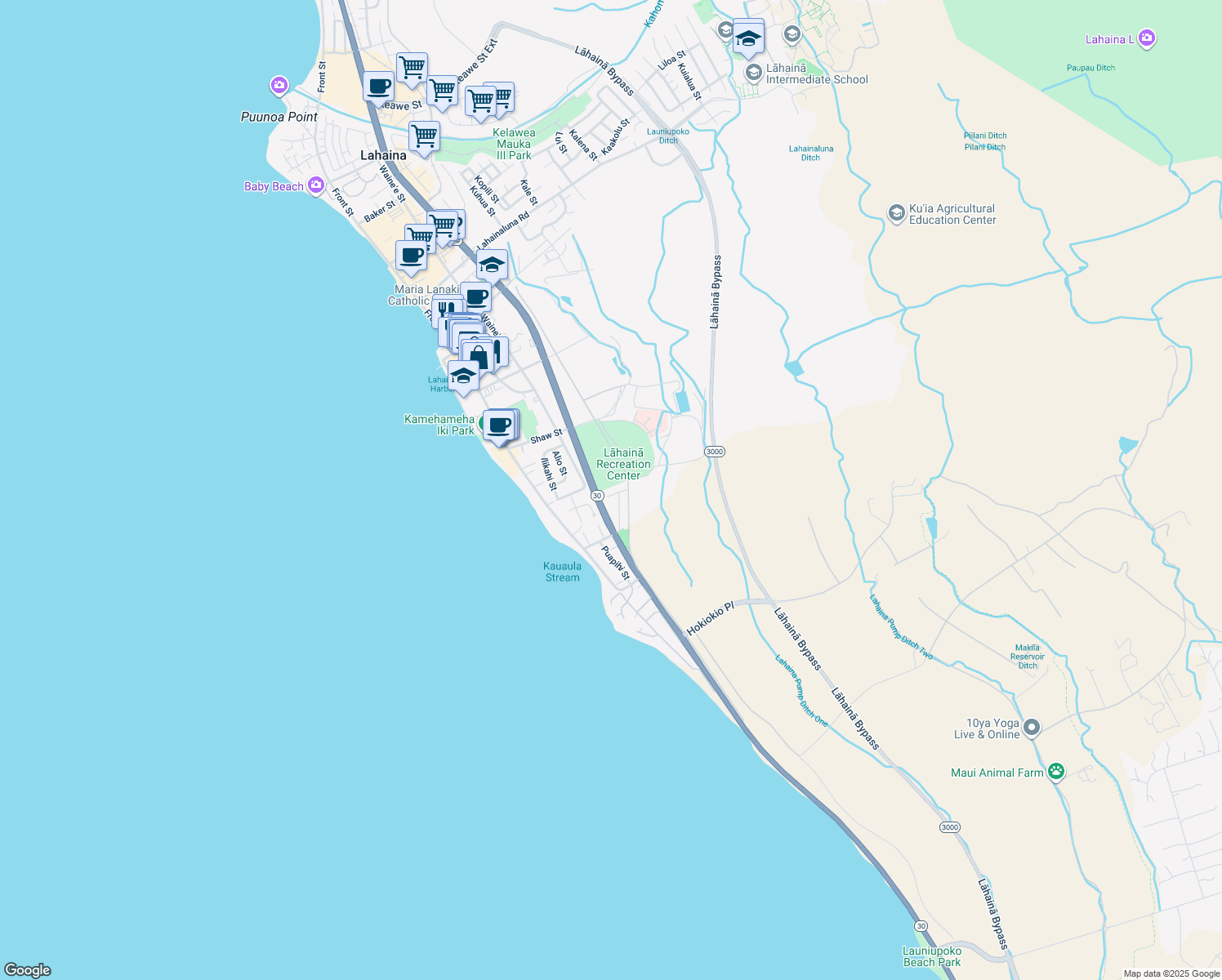 map of restaurants, bars, coffee shops, grocery stores, and more near 129 Leoleo Street in Lahaina