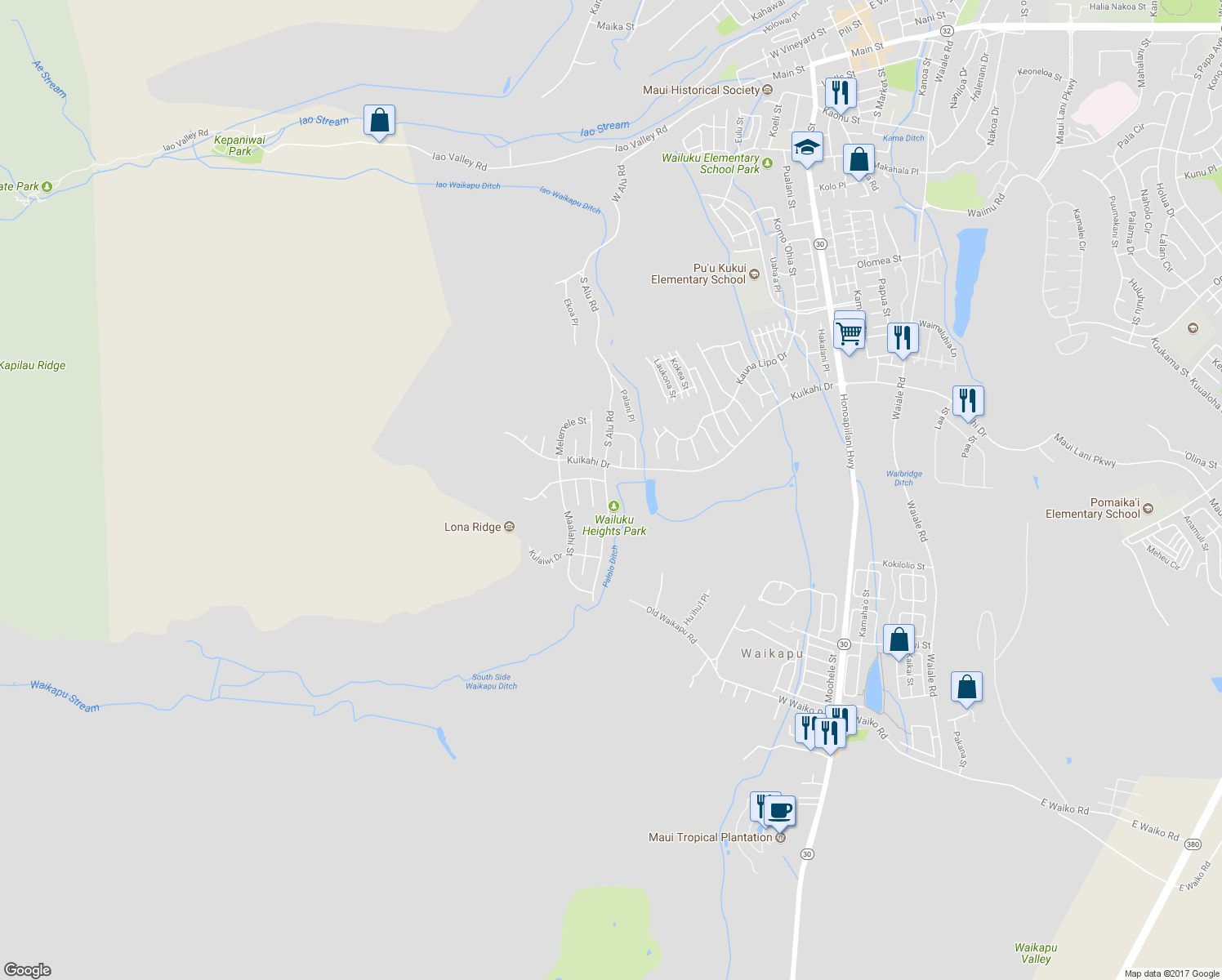 map of restaurants, bars, coffee shops, grocery stores, and more near 617 South Alu Road in Wailuku