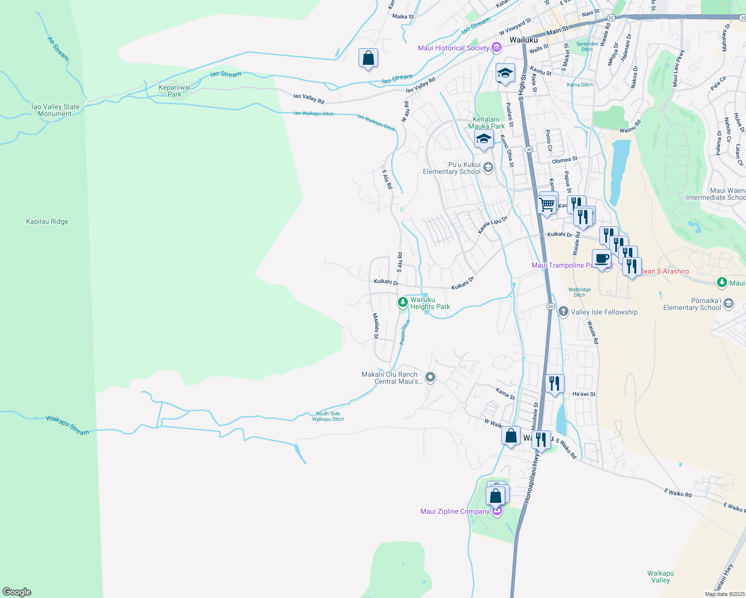 map of restaurants, bars, coffee shops, grocery stores, and more near 611 Maalahi Street in Wailuku