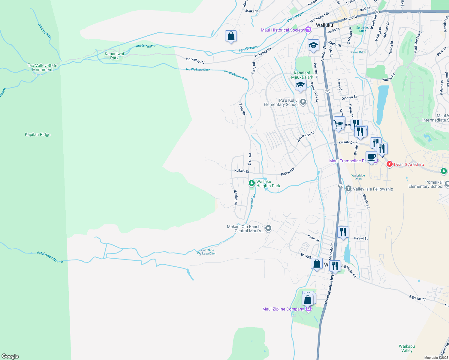 map of restaurants, bars, coffee shops, grocery stores, and more near 516 Polulani Drive in Wailuku